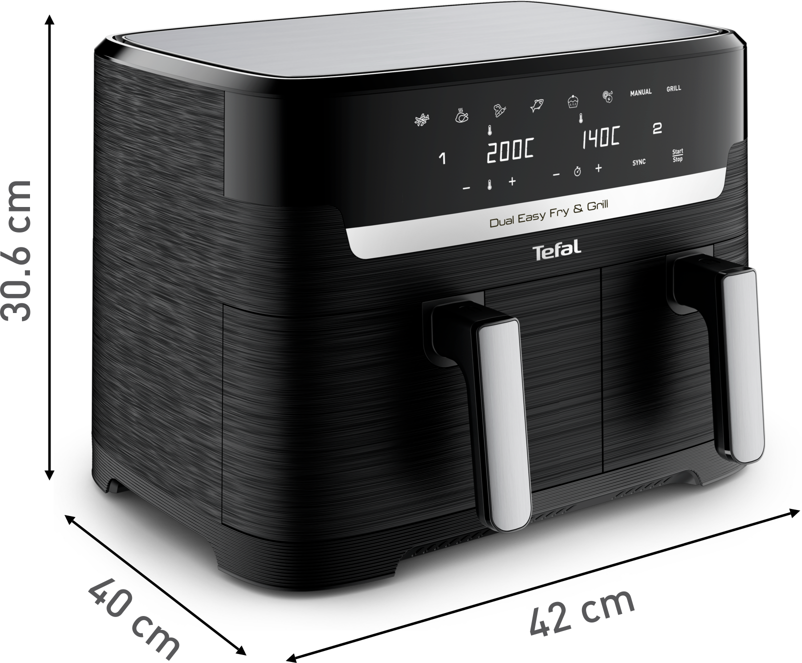Ein schwarzer Tefal Dual Easy Fry & Grill Heißluftfritteuse mit digitalen Bedienelementen.