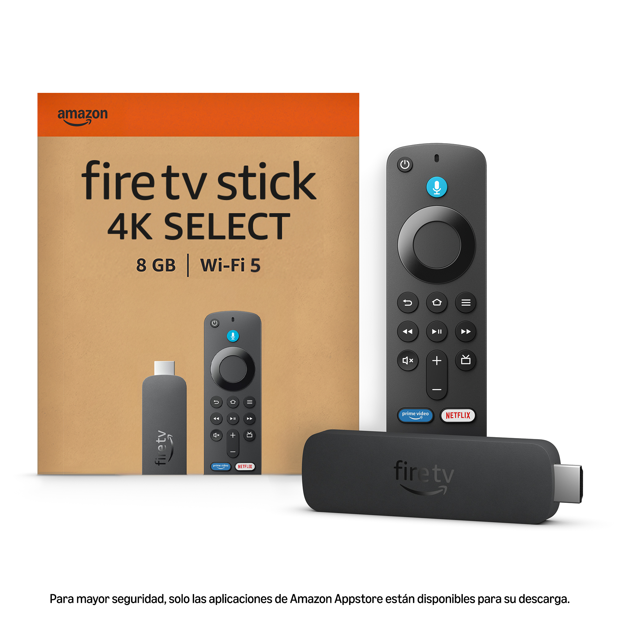 Amazon Fire TV Stick 4K Select con control remoto y adaptador.