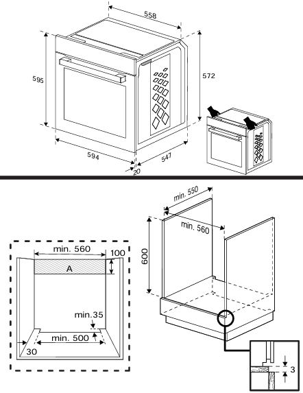 Dibujo técnico de un horno empotrable con dimensiones y detalles de instalación.