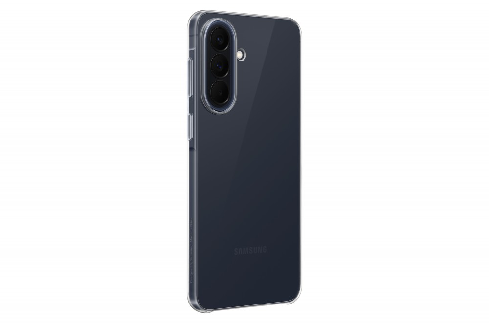 Egy sötét Samsung okostelefon három kamerával, átlátszó tokban.