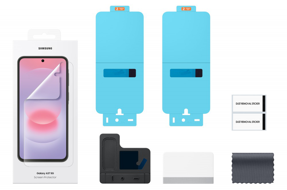 Samsung Galaxy A37 5G képernyővédő készlet tartozékokkal.