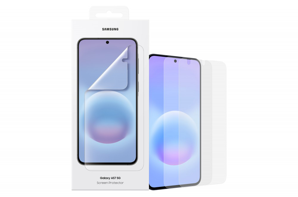 Samsung Galaxy A57 5G kijelzővédő fólia csomagolásban és külön.