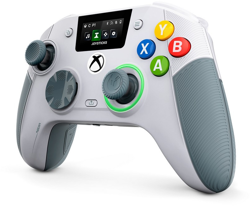 Fehér Xbox kontroller szürke díszítéssel és kis képernyővel.