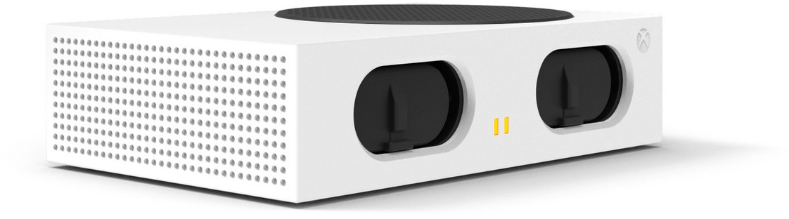 Egy fehér Xbox Series S konzol két fekete szellőzővel és sárga jelzőfényekkel.