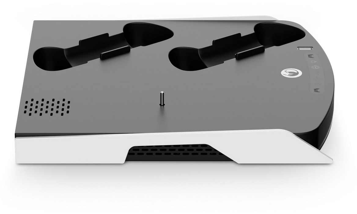 Szürke töltőállomás két fekete kontroller tartóval és USB porttal.