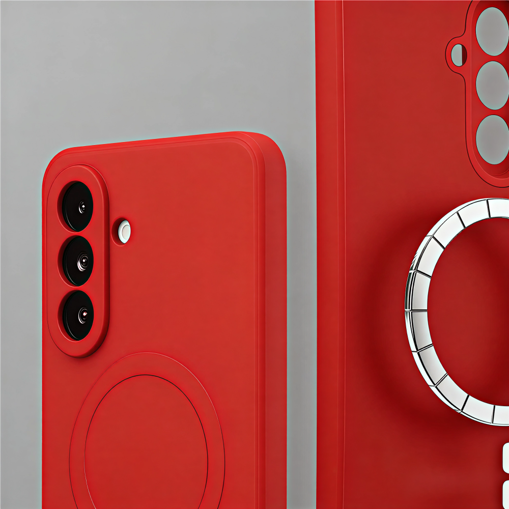 Két piros telefontok kamera modulokkal és ezüst gyűrűvel.
