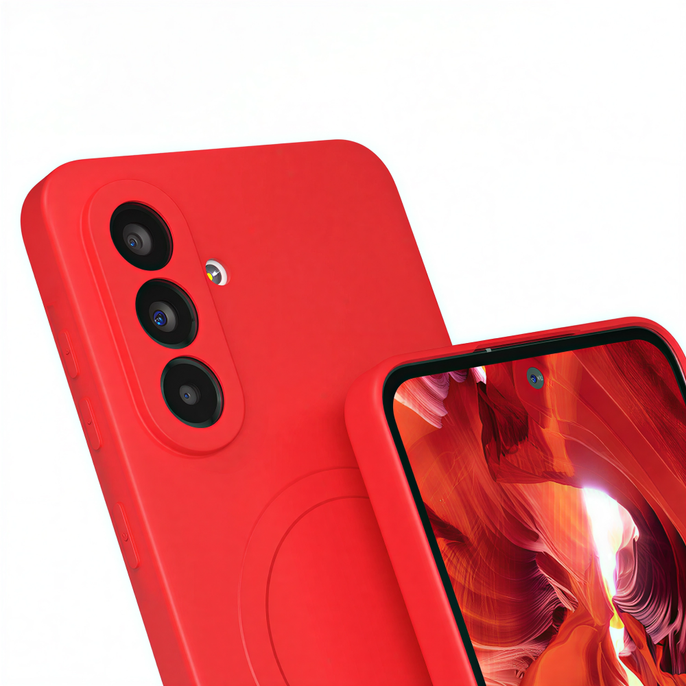 Piros telefontok három kamerával és megvilágított képernyővel.