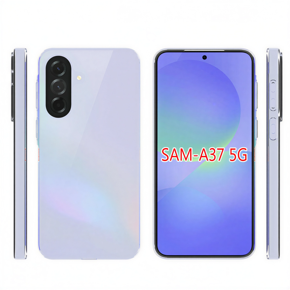 Világoslila Samsung A37 5G okostelefon elölnézetben és hátulnézetben.