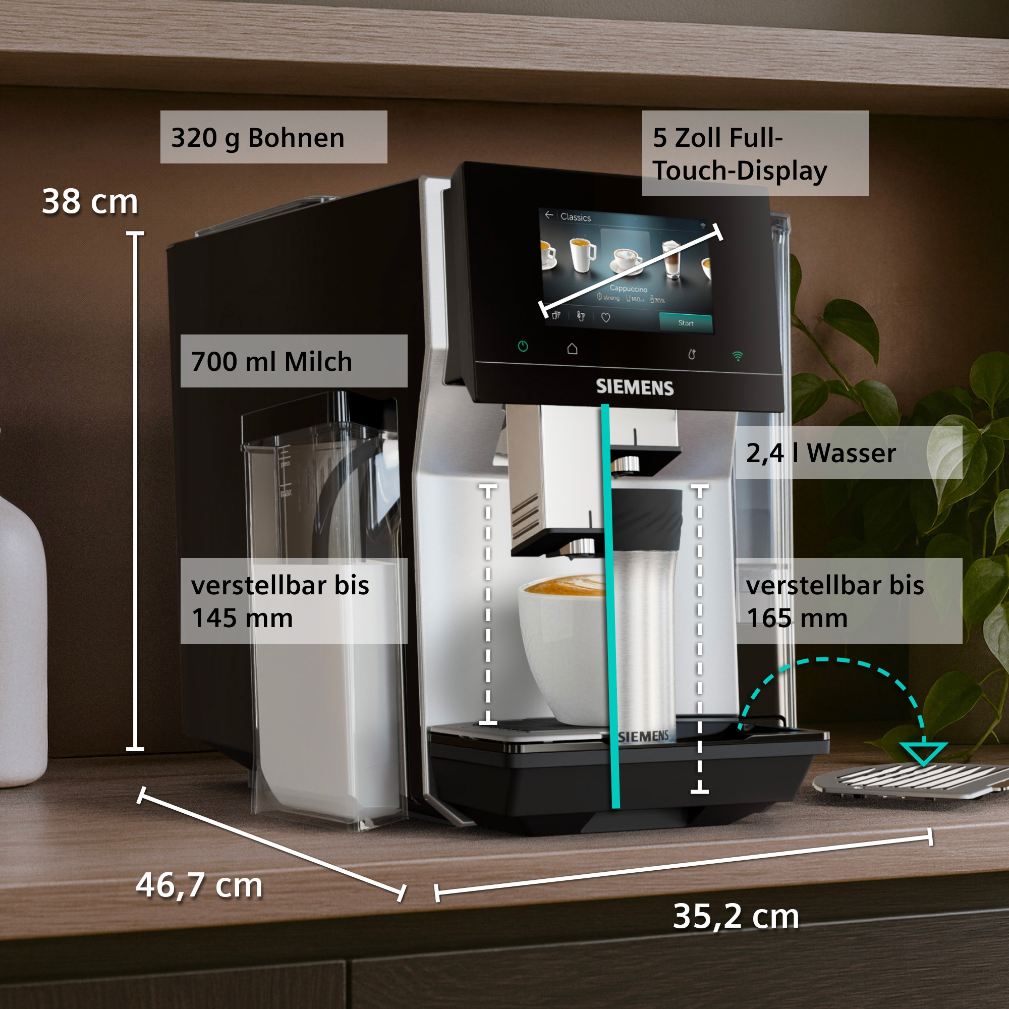 Siemens Kaffeevollautomat mit 320g Bohnen, 700ml Milch, 2,4L Wasser, Touch-Display.