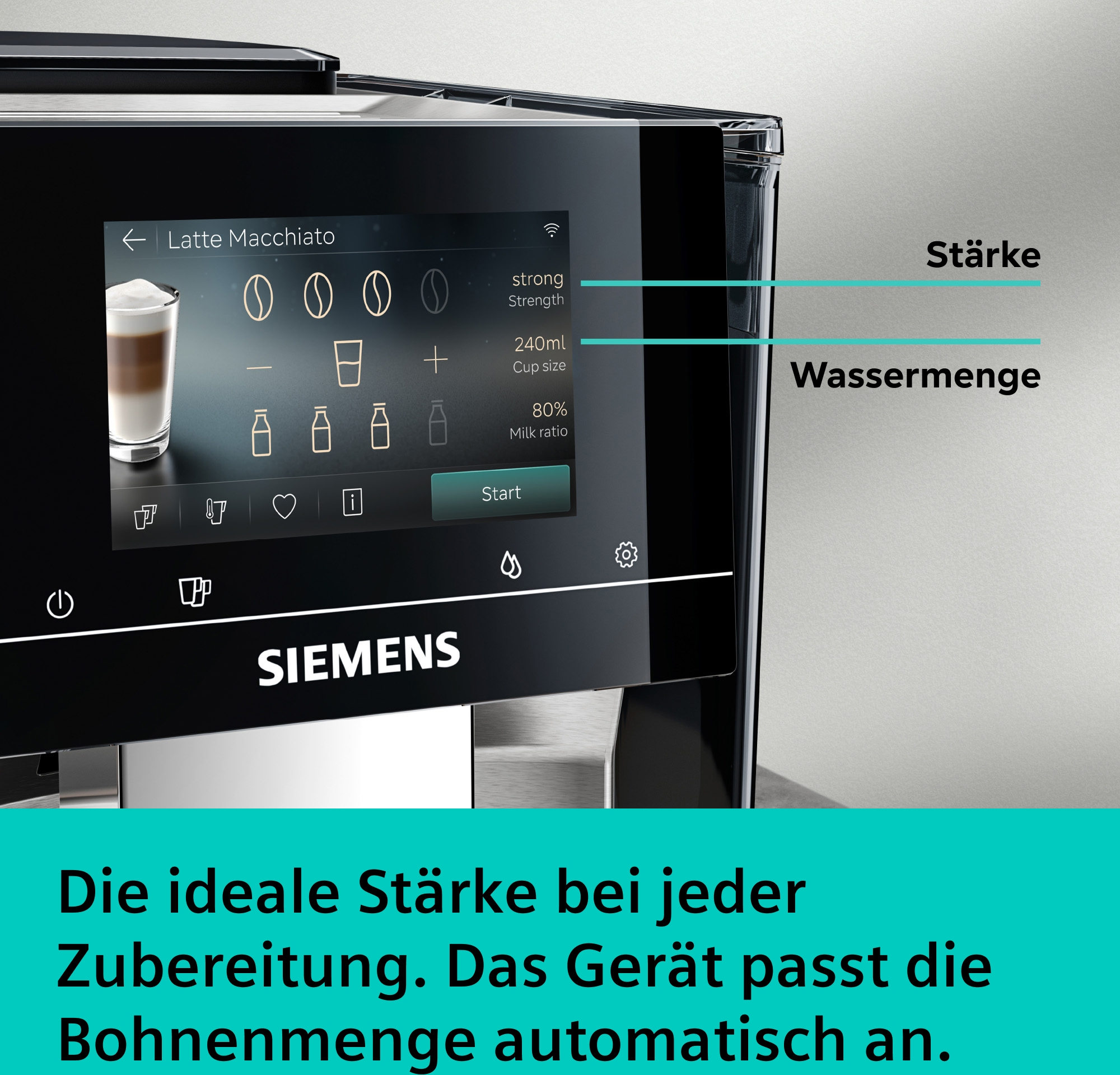 Siemens Kaffeevollautomat mit Touchscreen zeigt Latte Macchiato Einstellungen.