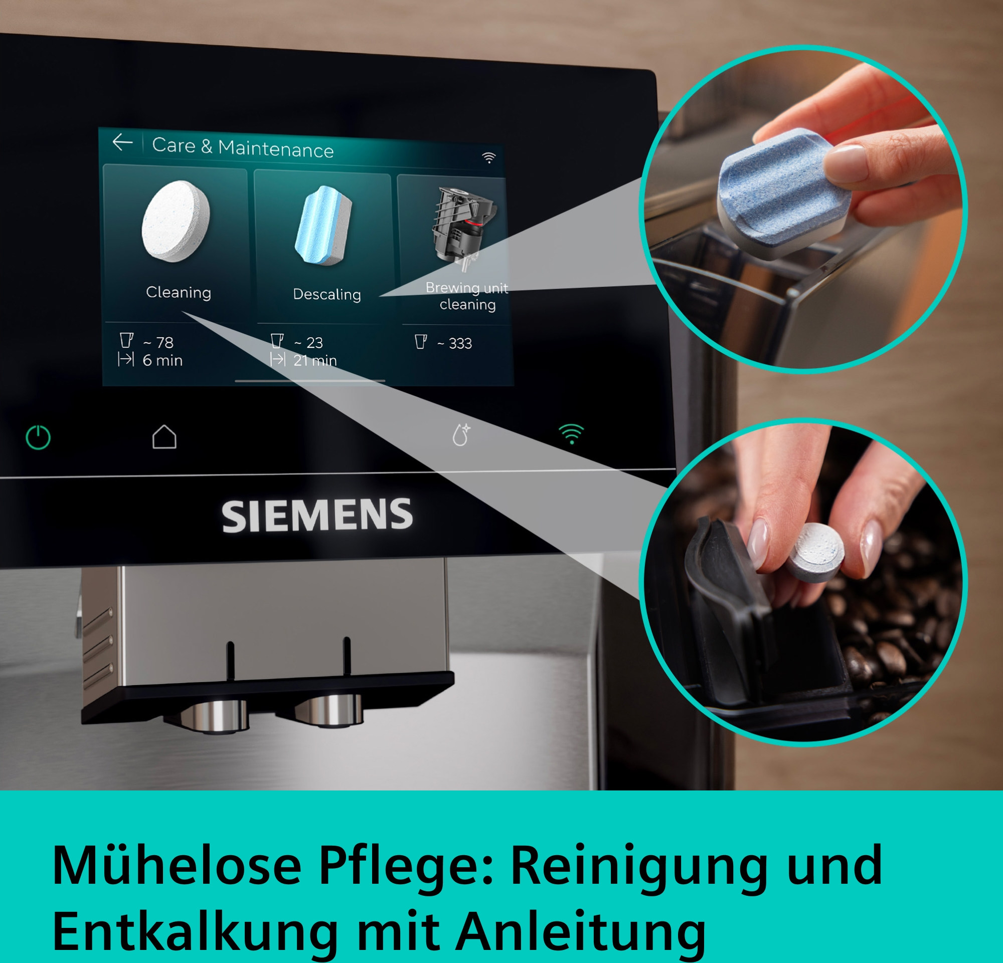 Siemens Kaffeemaschine Pflege-Menü mit Reinigungstabletten und Entkalkungshinweisen.
