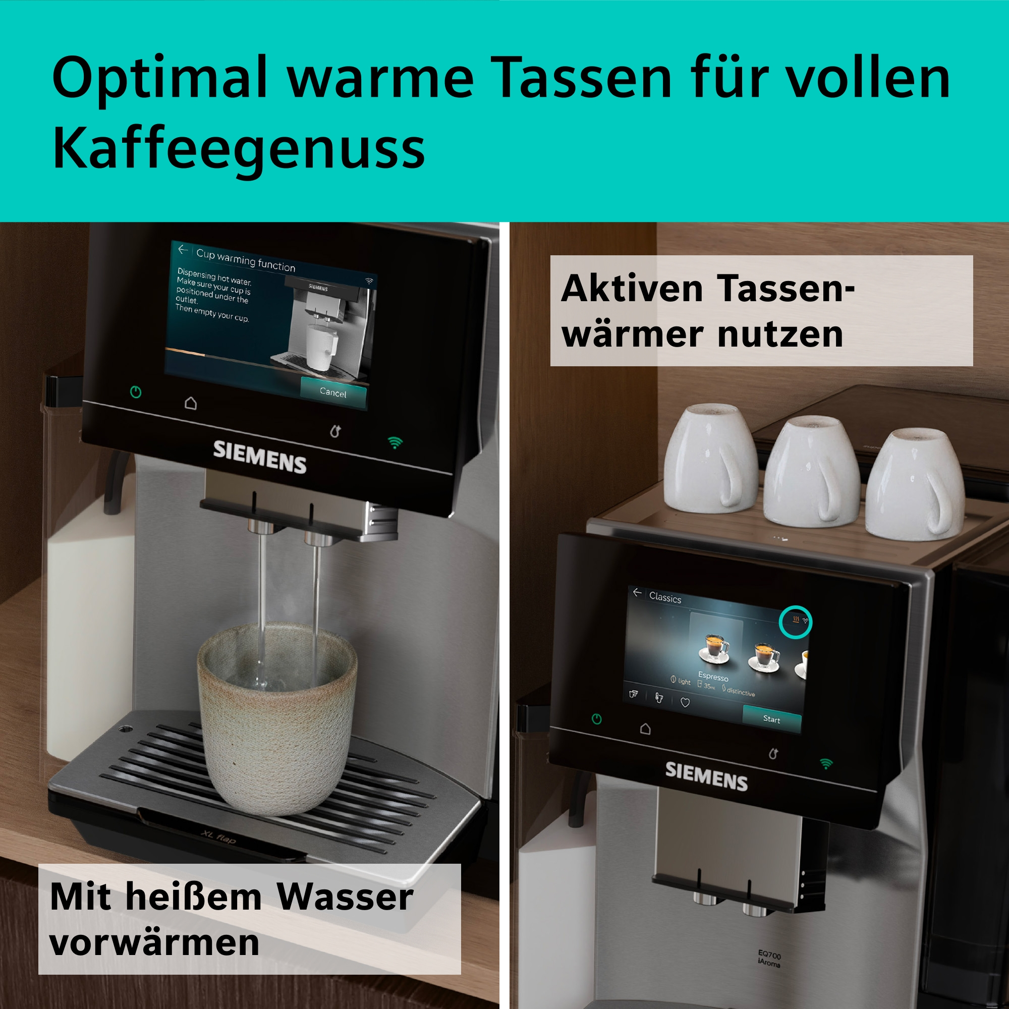 Kaffeemaschine mit Tassenvorwärmfunktion und warmen Tassen auf der Oberseite.