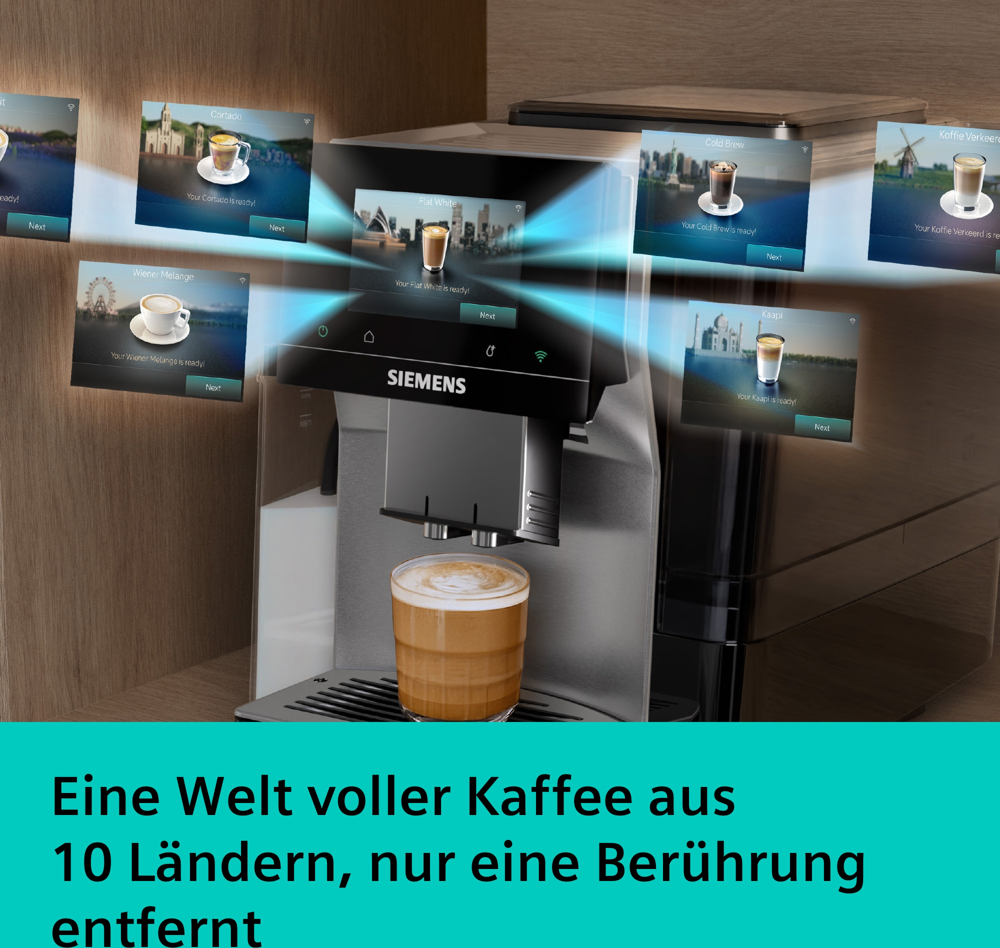 Kaffeemaschine mit Touchscreen zeigt verschiedene Kaffeespezialitäten und Weltziele.