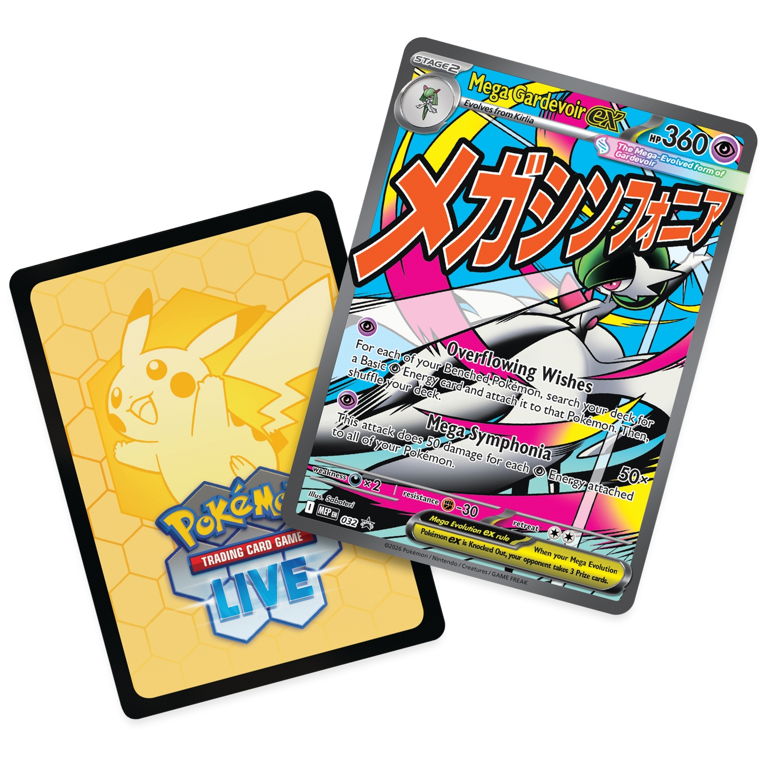 Pokémonkaart: Mega Gardevoir EX met Pikachu-ontwerp op de achterkant.