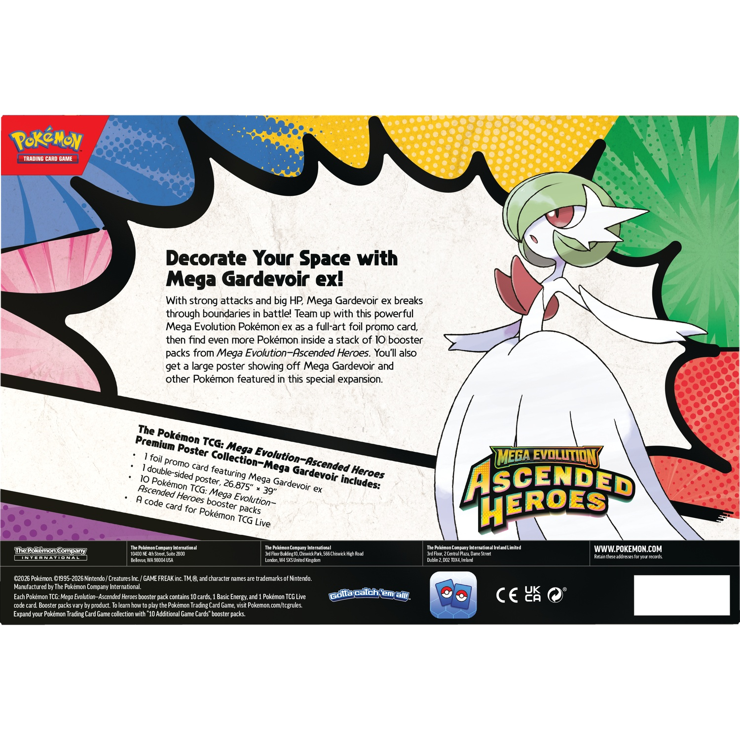 Mega Gardevoir ex met tekst en logo op een kleurrijke achtergrond.