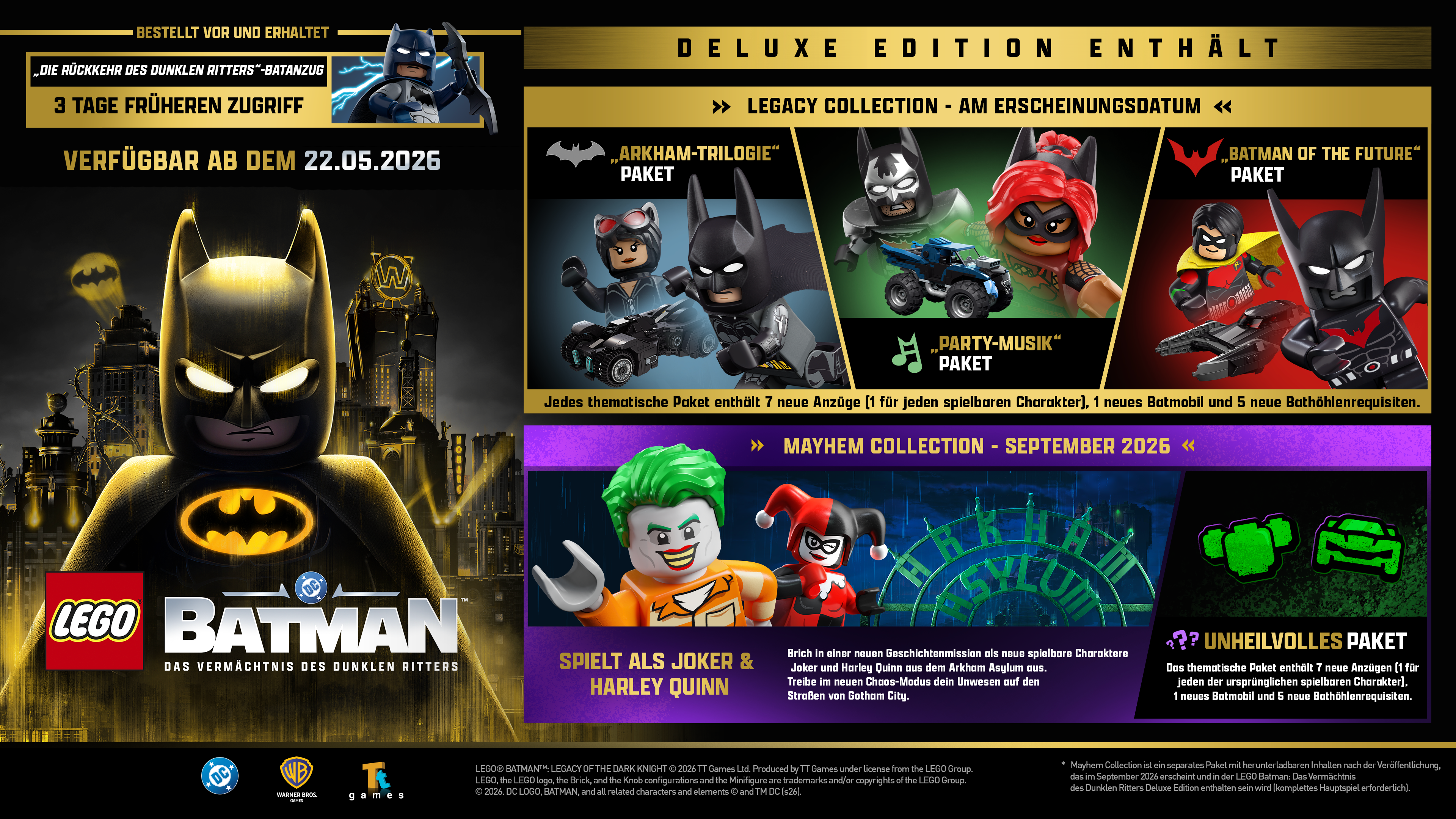 LEGO Batman Deluxe Edition mit verschiedenen Paketen: Arkham-Trilogie, Party-Musik, Batman of the Future.