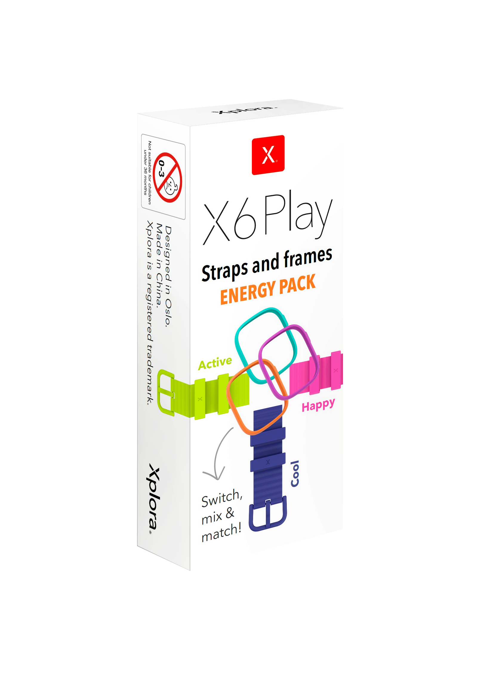 Xplora X6 Play Energy Pack mit bunten Riemen und Rahmen.