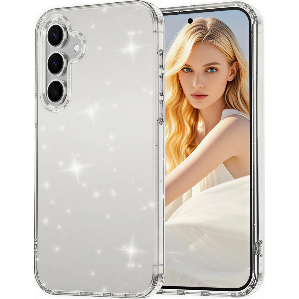 Átlátszó telefontok csillámokkal, szőke hajú nőt mutat.