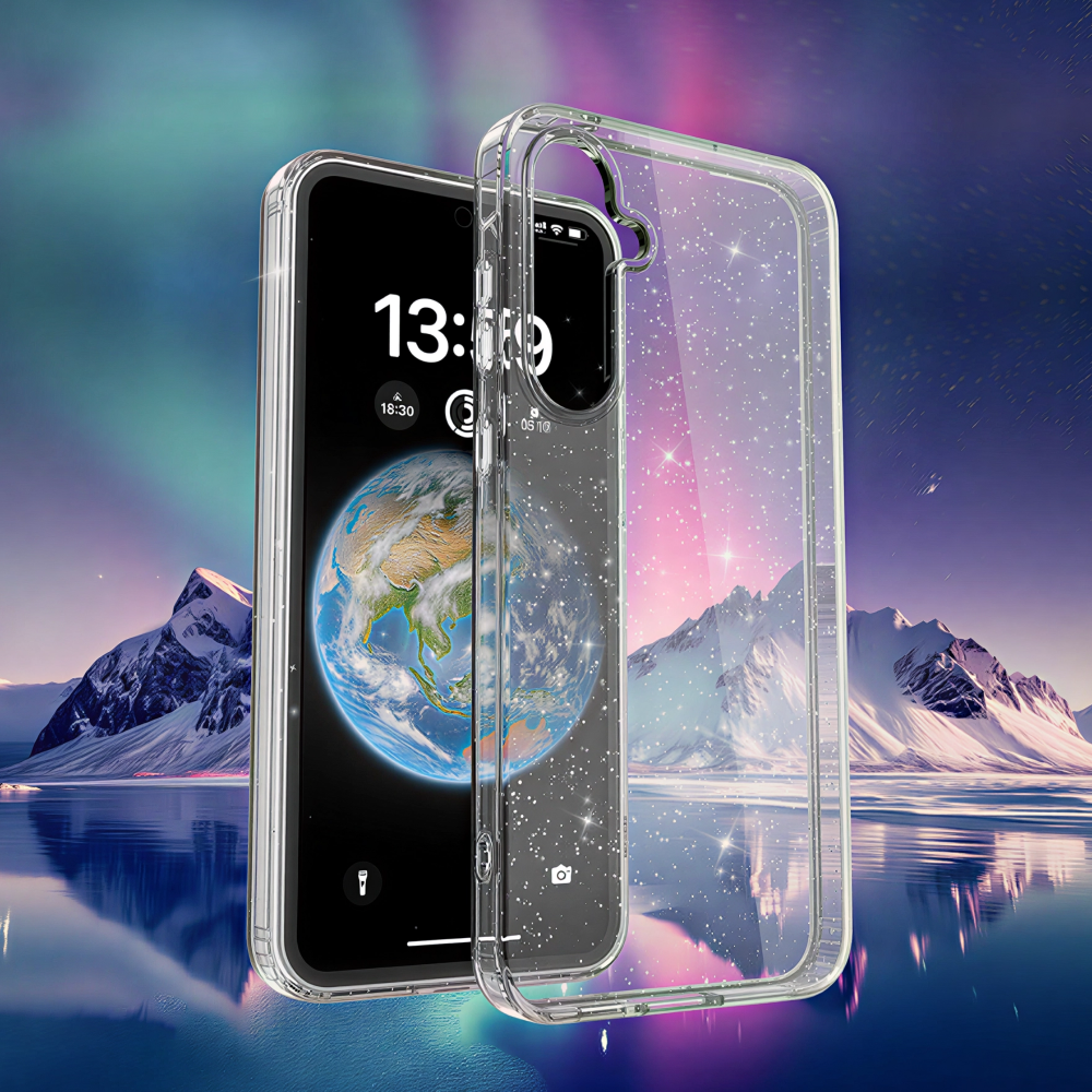 Átlátszó telefontok csillámokkal egy Földet ábrázoló okostelefonon.
