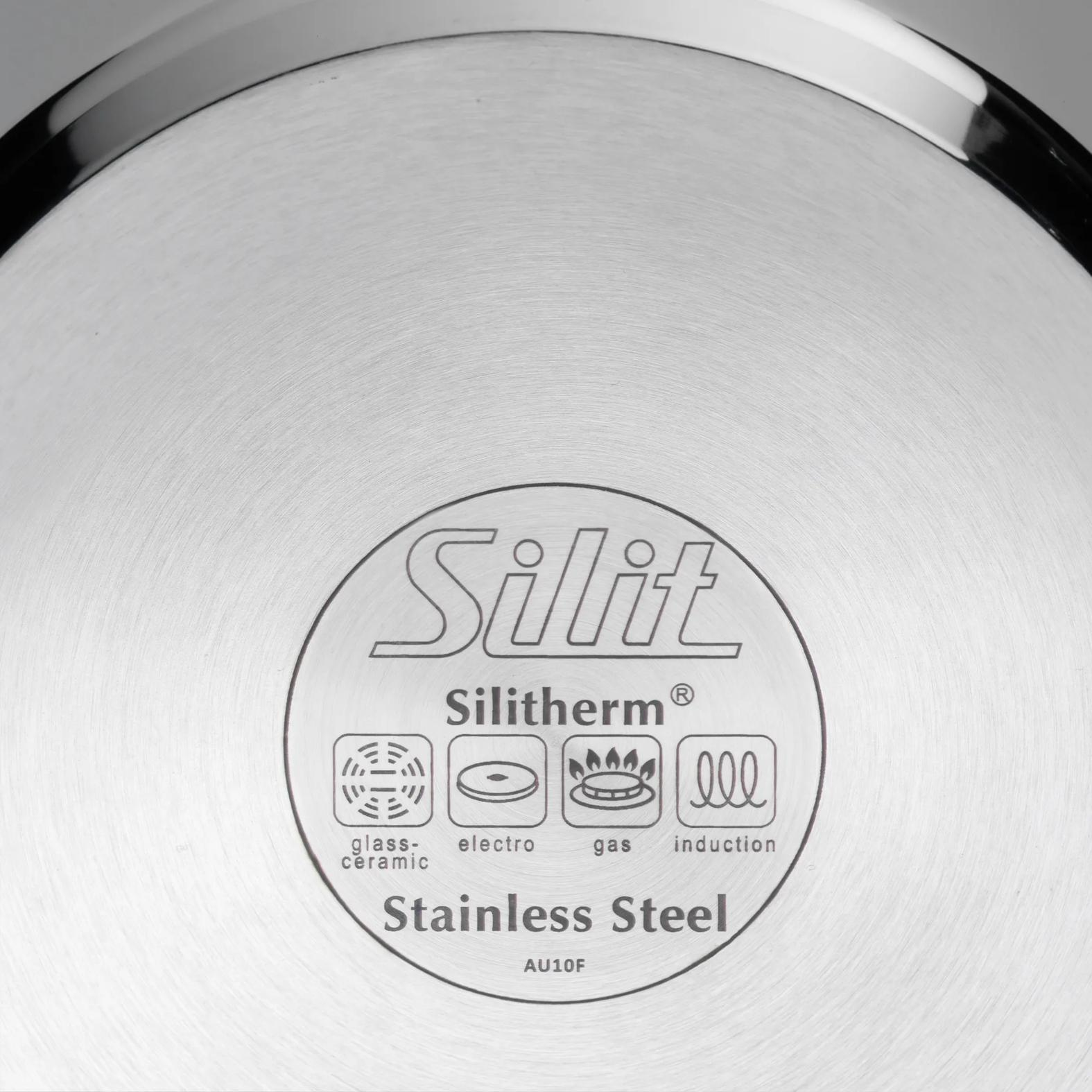 Silitherm Edelstahlsockel mit Kochfeldsymbolen: Glaskeramik, Elektro, Gas, Induktion.
