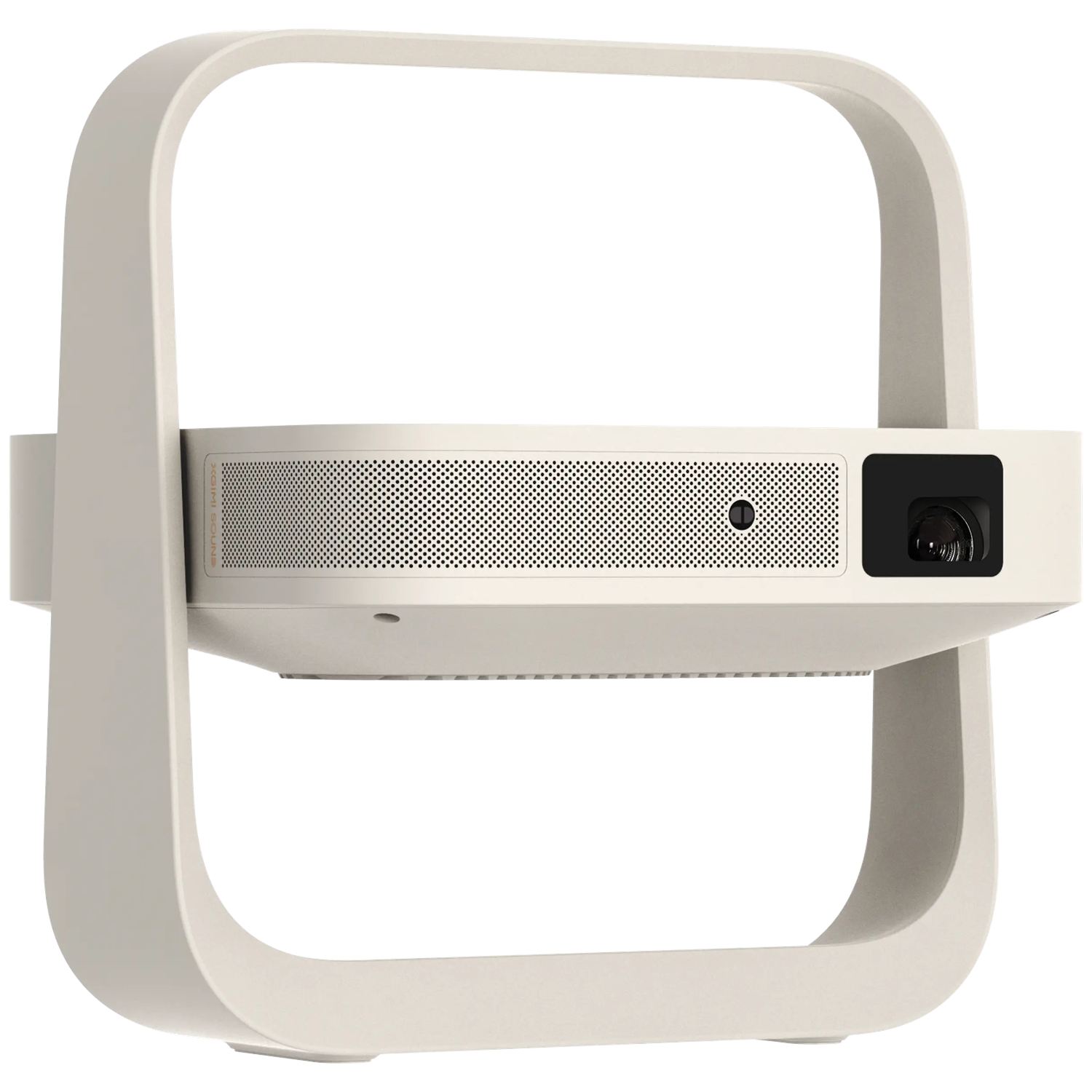 A white projector with a U-shaped stand, floating against a black background.