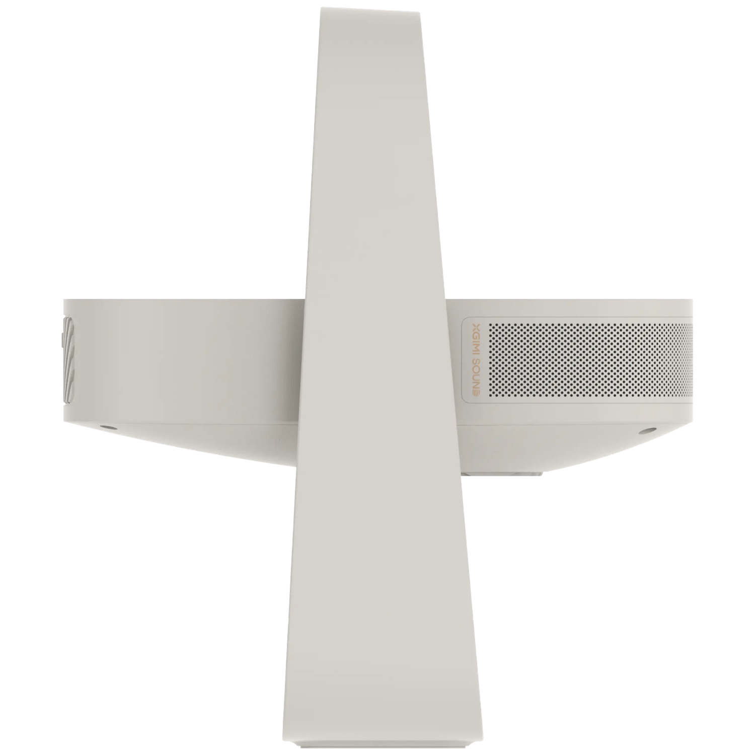 A white projector stands upright with a handle and speaker grille.