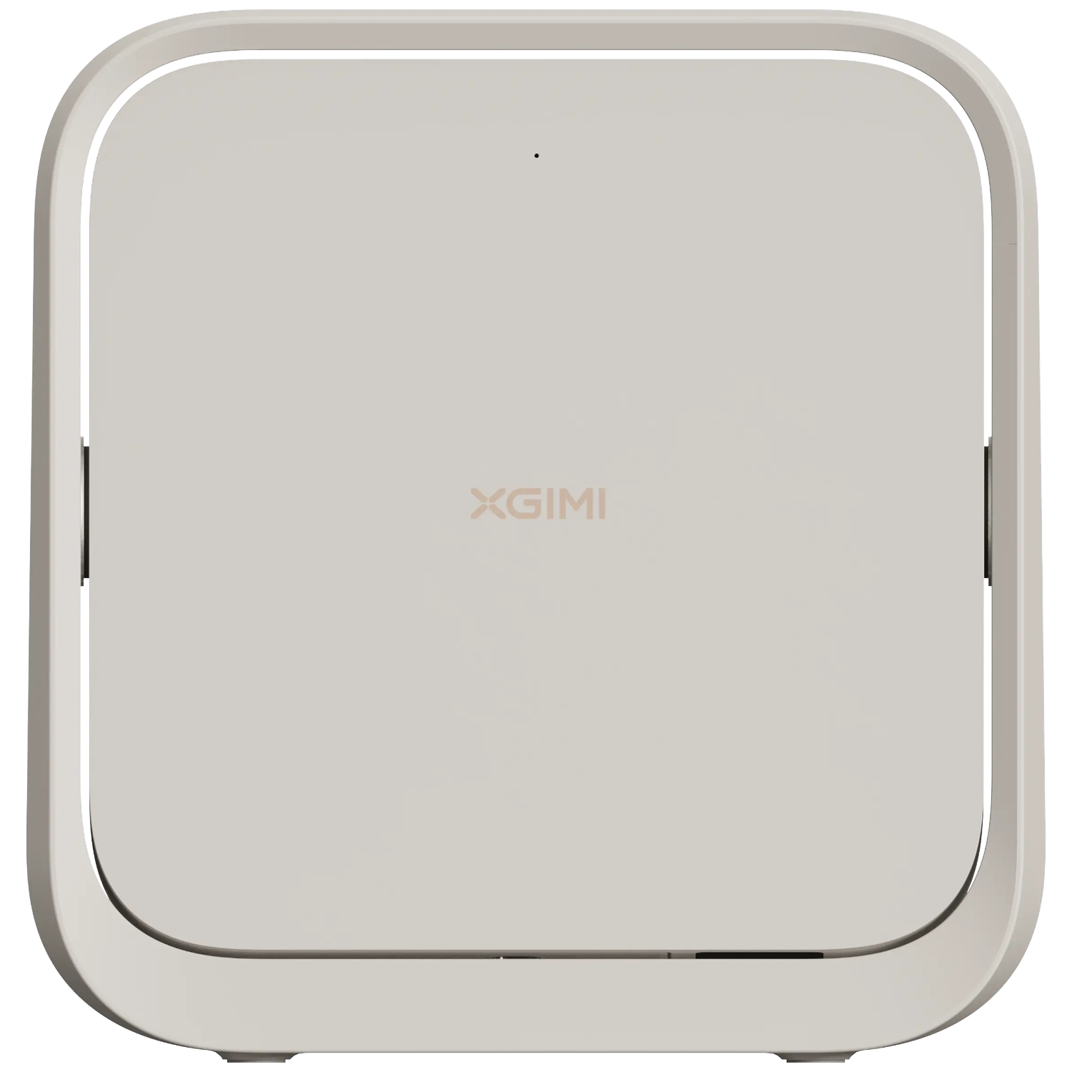 A cream-colored, square projector with rounded corners is shown in the foreground.