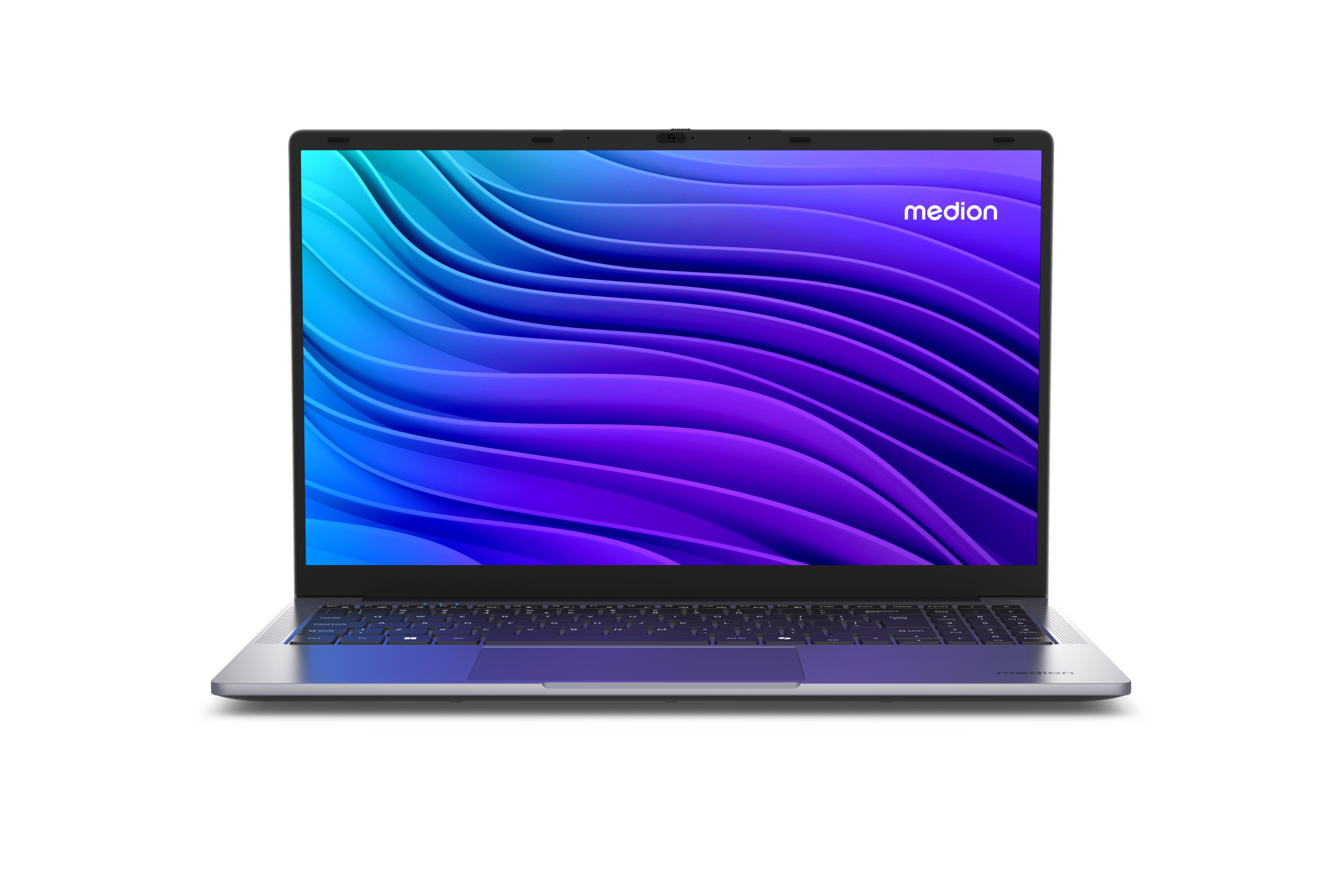 Ein silberner Laptop mit leuchtendem, farbigem Hintergrund und Tastatur.