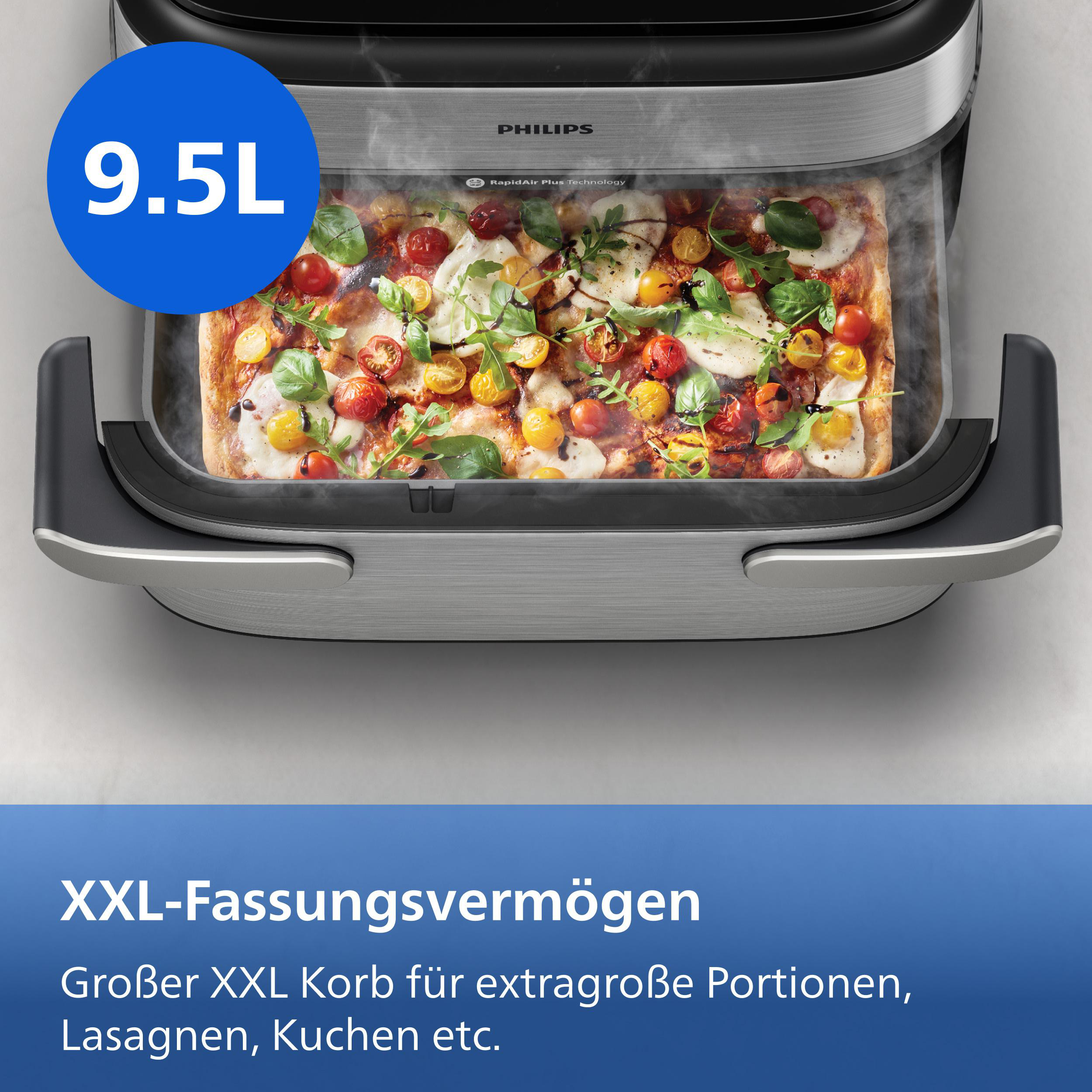 Ein Philips Heißluftfritteuse mit 9.5L Fassungsvermögen zeigt eine Pizza.