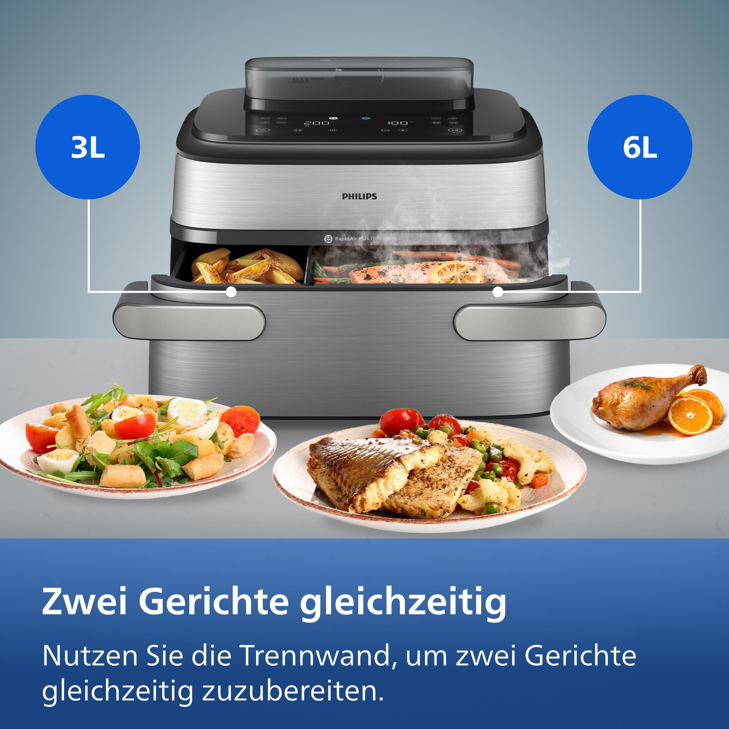 Ein Philips Heißluftfritteuse mit zwei Fächern, gefüllt mit Essen.