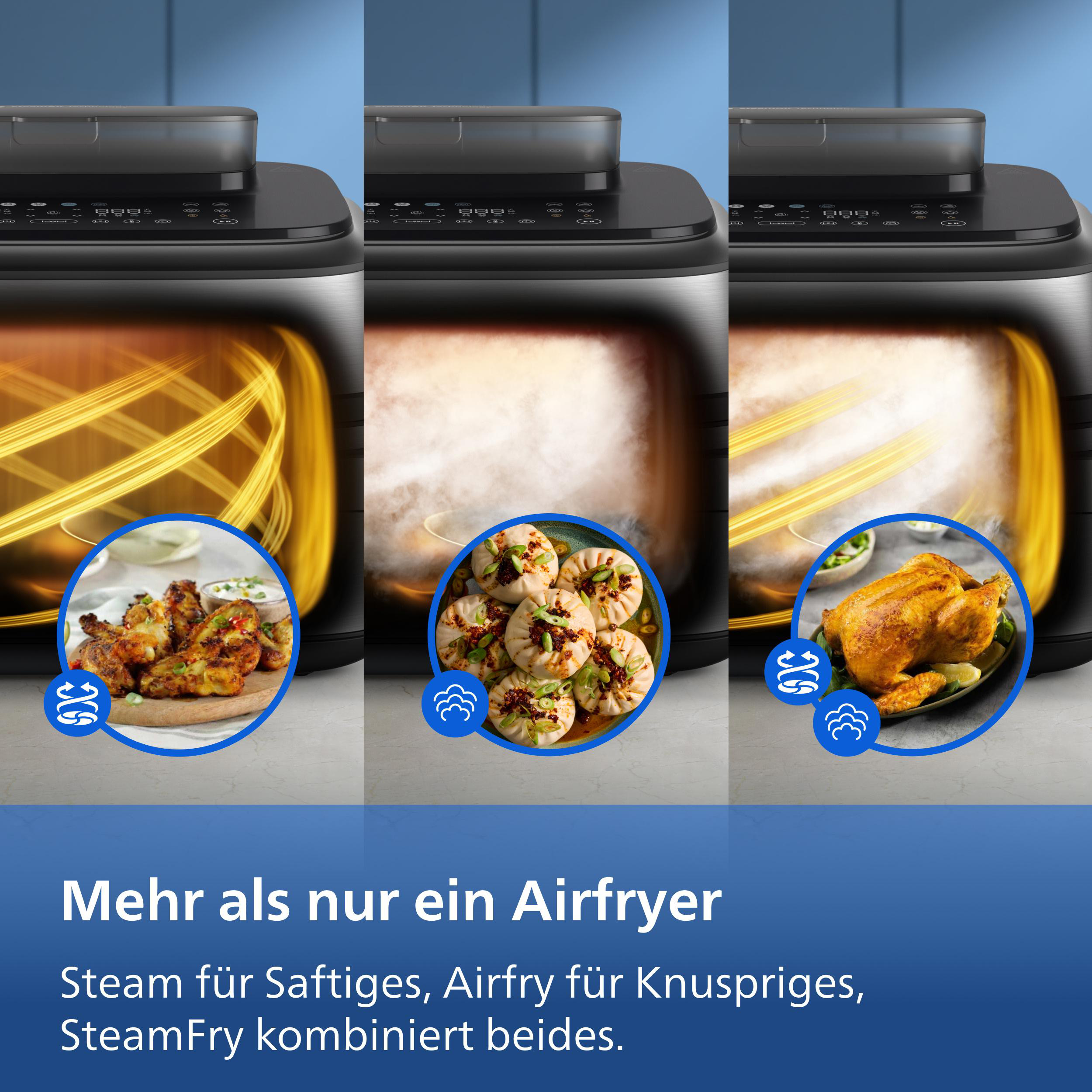 Ein Airfryer zeigt Hähnchenflügel, Dampfnudeln und ein ganzes Hähnchen.