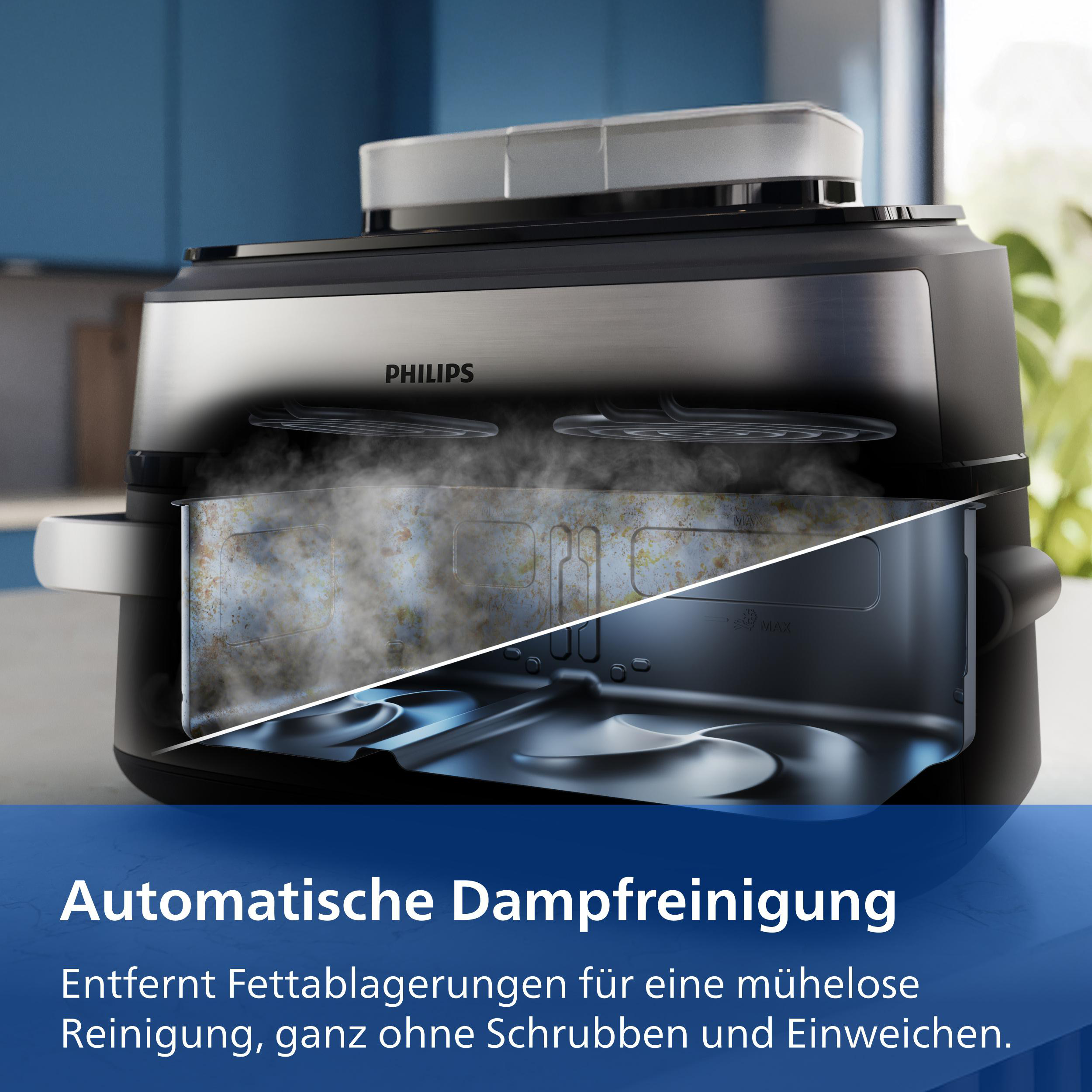Philips Dampfgarer mit automatischer Reinigung, zeigt Dampf.