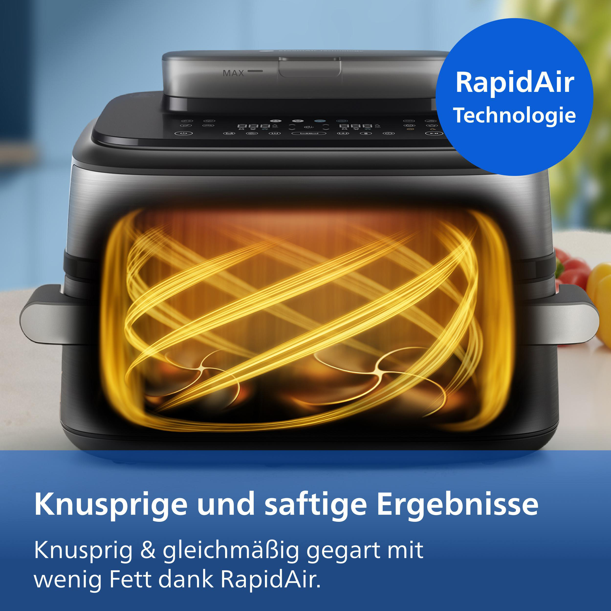 Ein Airfryer mit sichtbarem Heizelement und Text-Overlay.