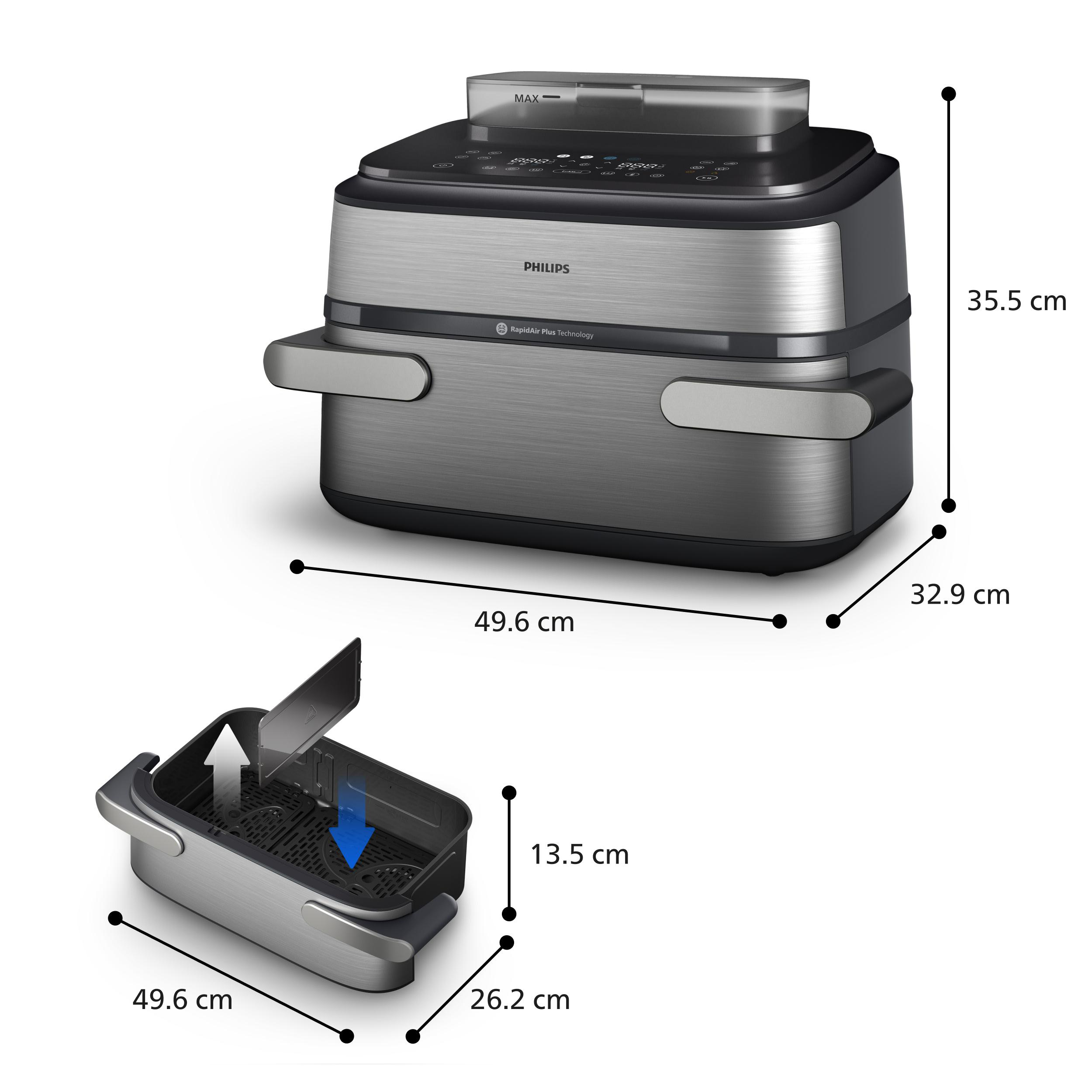 Philips Heißluftfritteuse mit Schublade und Maßen.