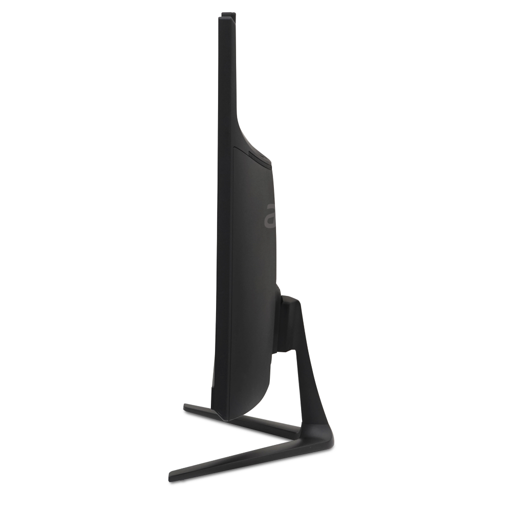 Moniteur noir de profil avec un pied stylisé.