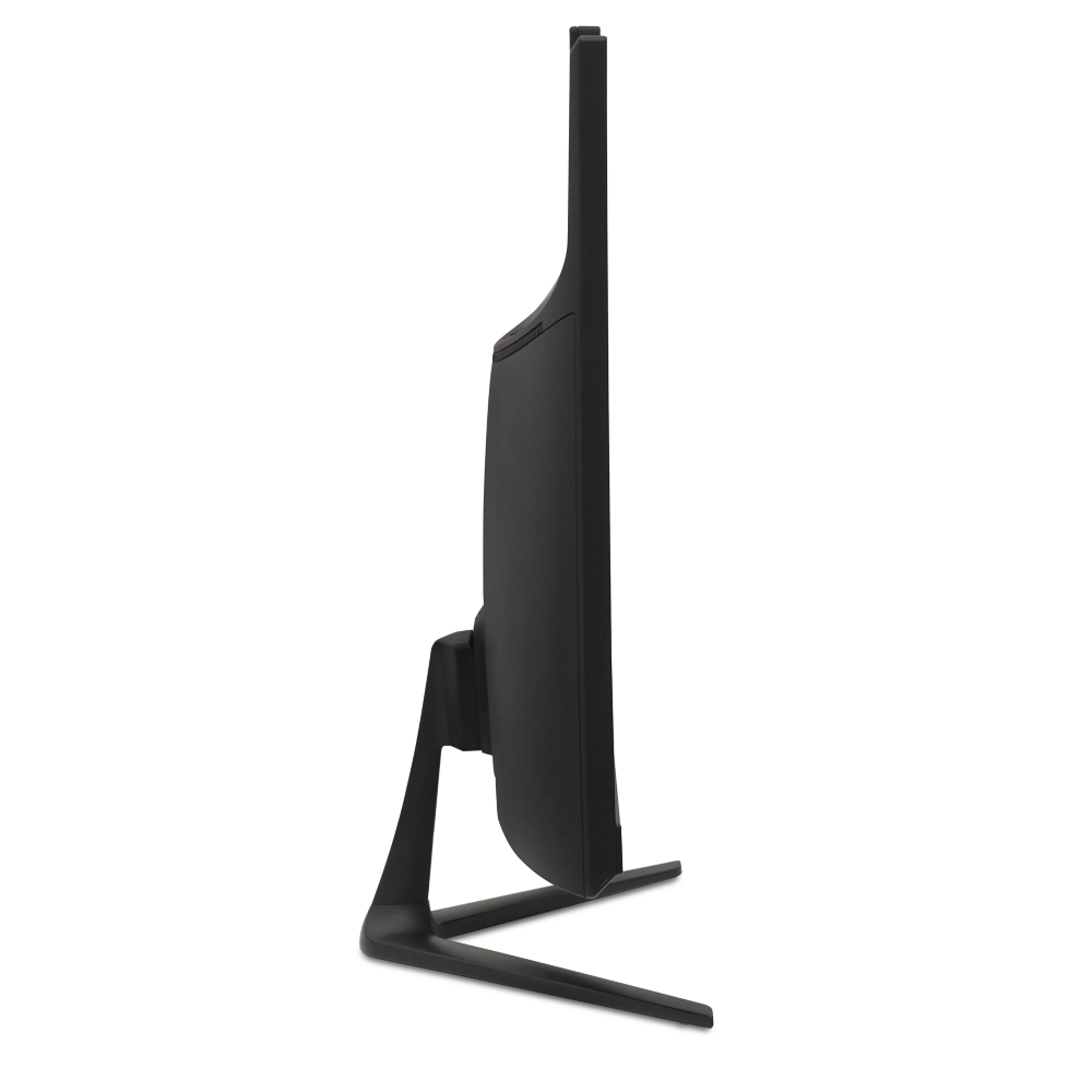 Moniteur informatique noir vu de côté sur fond blanc.