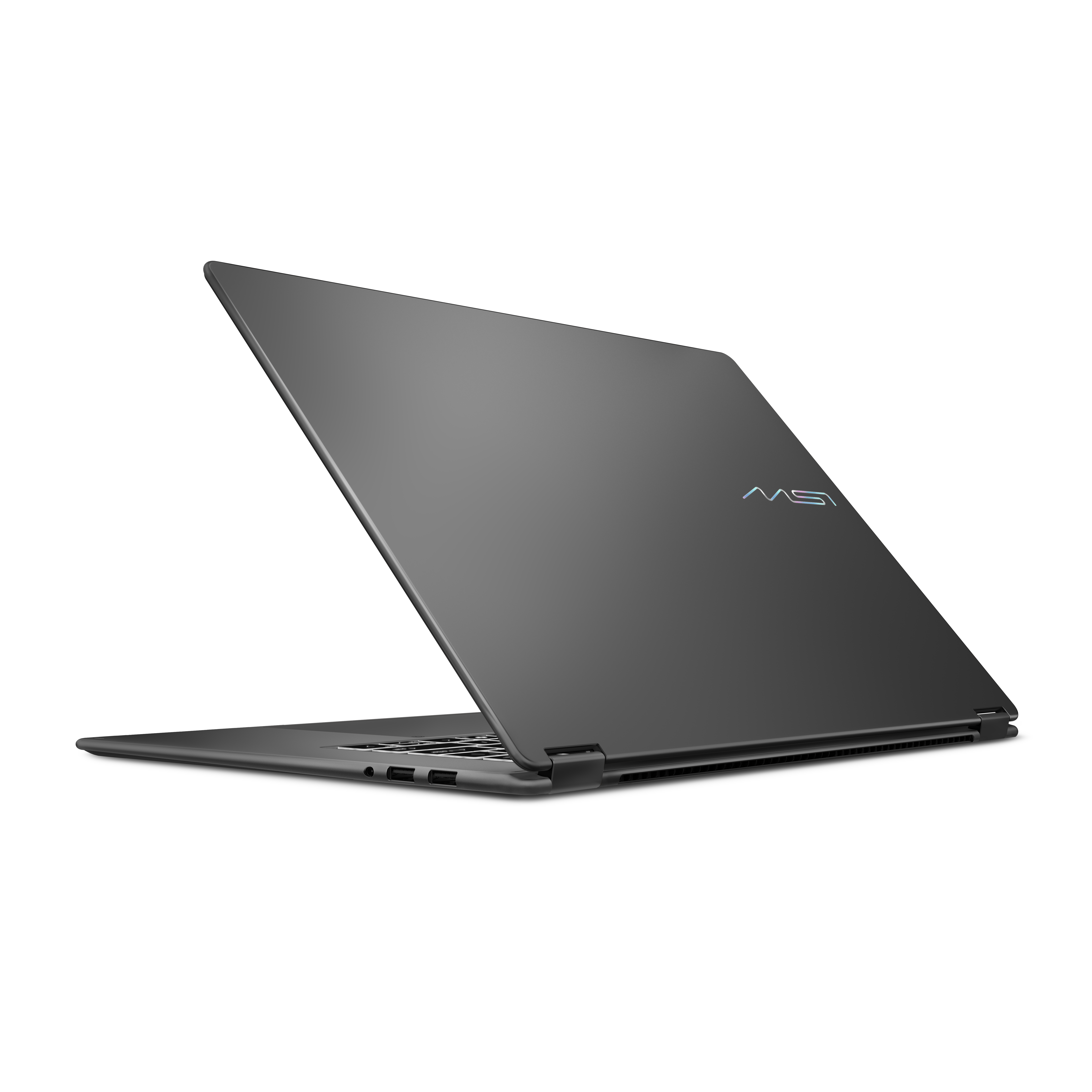 Ein graues MSI-Laptop ist geöffnet und steht auf weißem Hintergrund.