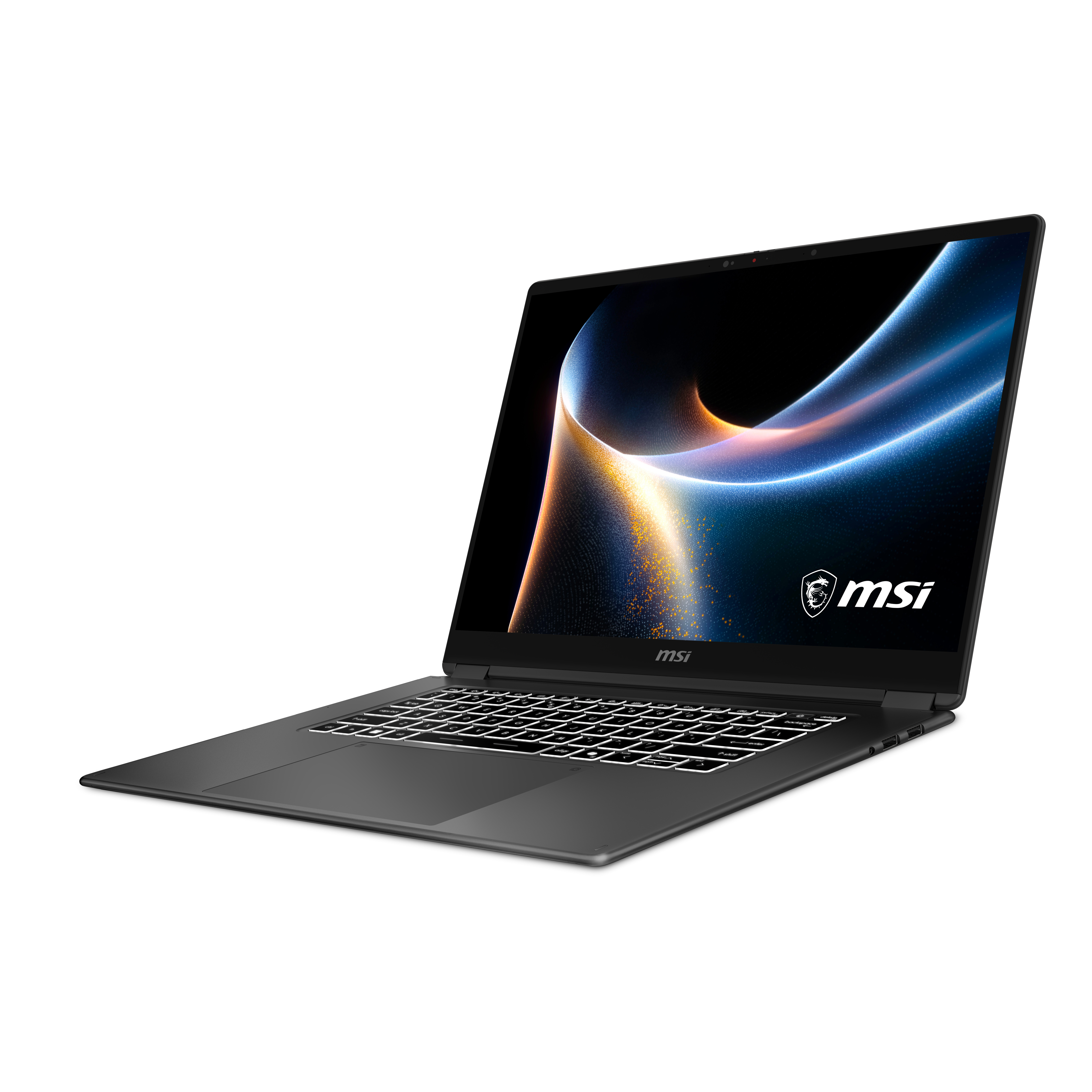 Schwarzer MSI-Laptop mit beleuchteter Tastatur und abstraktem Hintergrund.