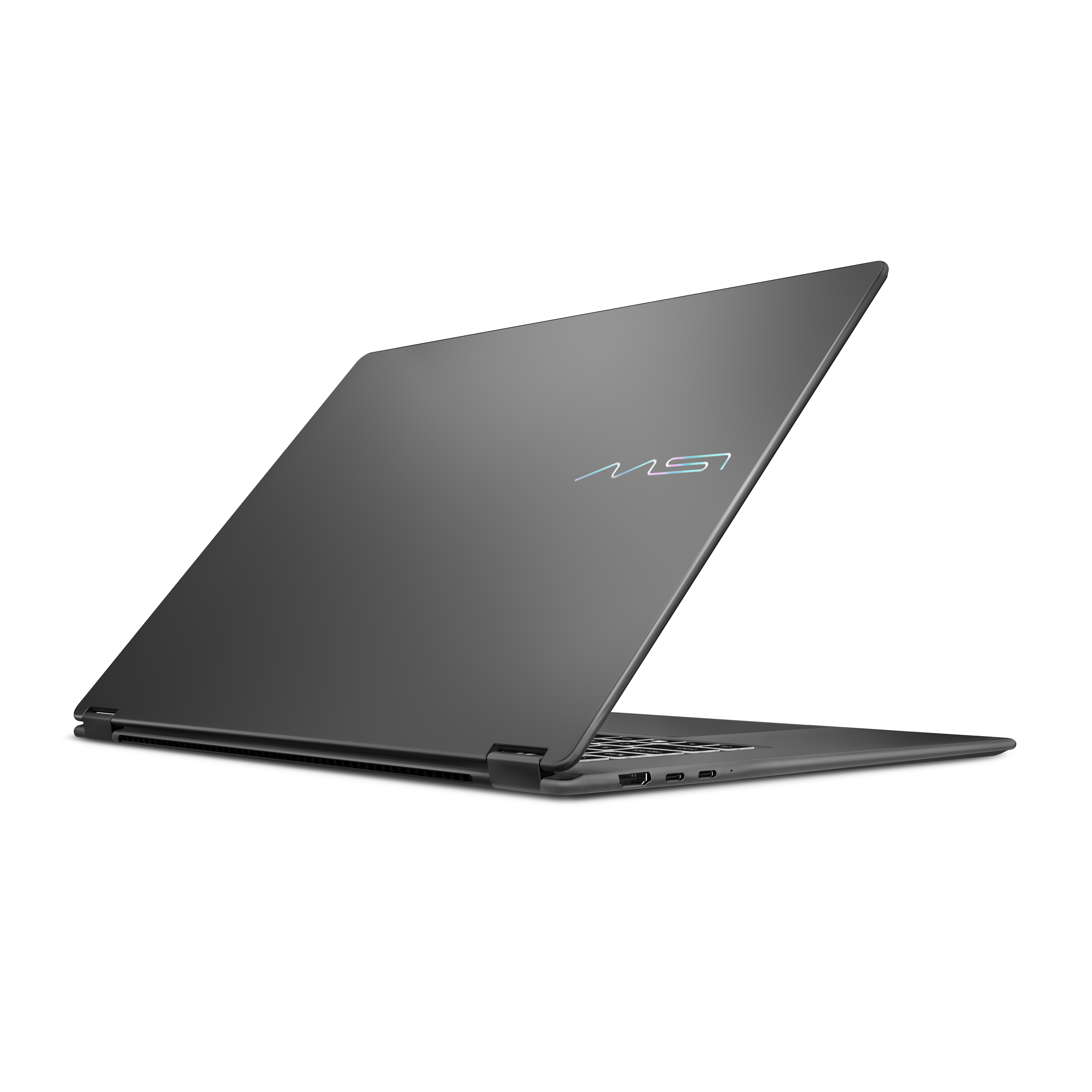 Geschlossener grauer Laptop mit MSI-Logo, auf weißem Hintergrund.