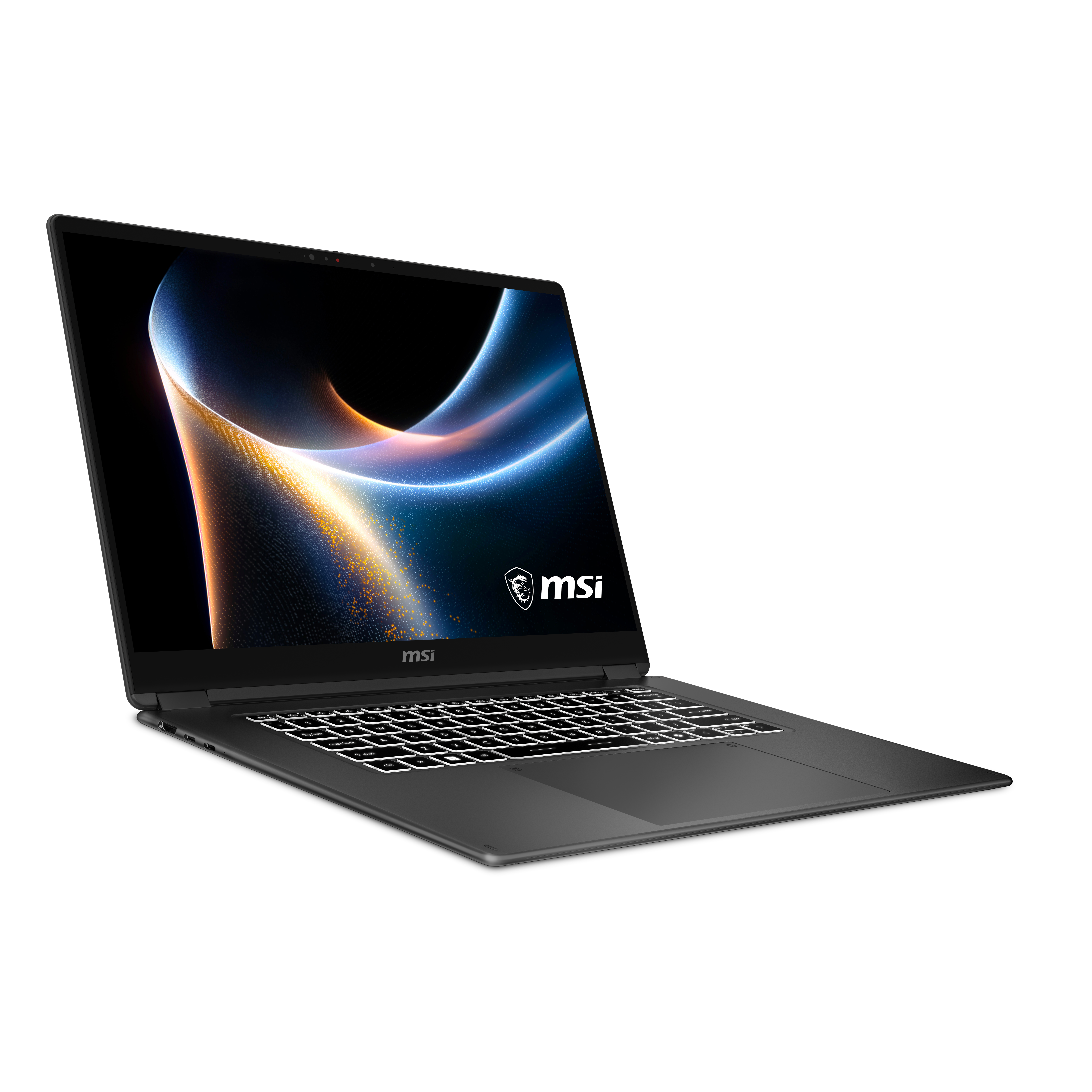 Ein schwarzer MSI-Laptop mit beleuchteter Tastatur und abstrakter Grafik auf dem Bildschirm.