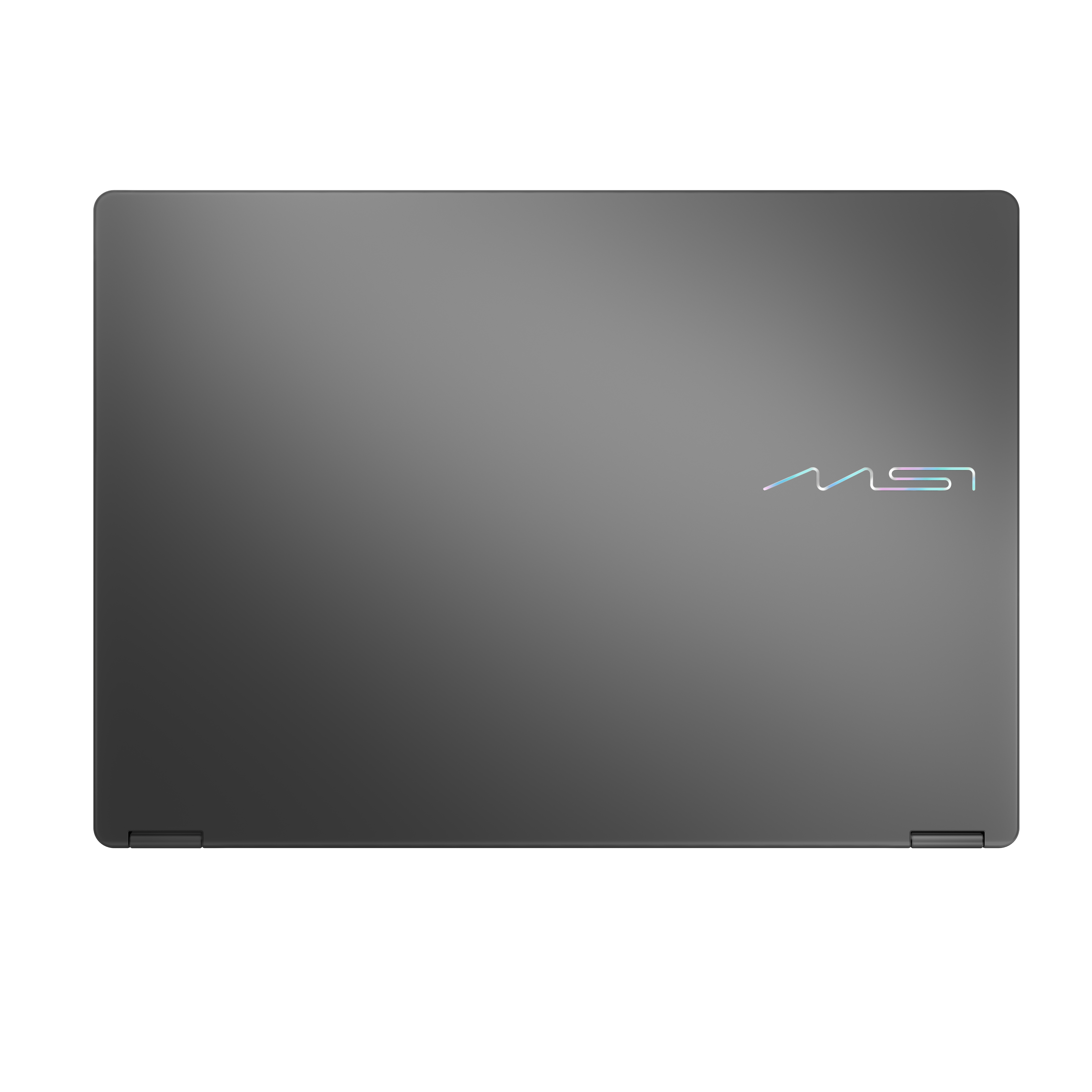 Geschlossener grauer Laptop mit MSI-Logo in schillernden Farben.