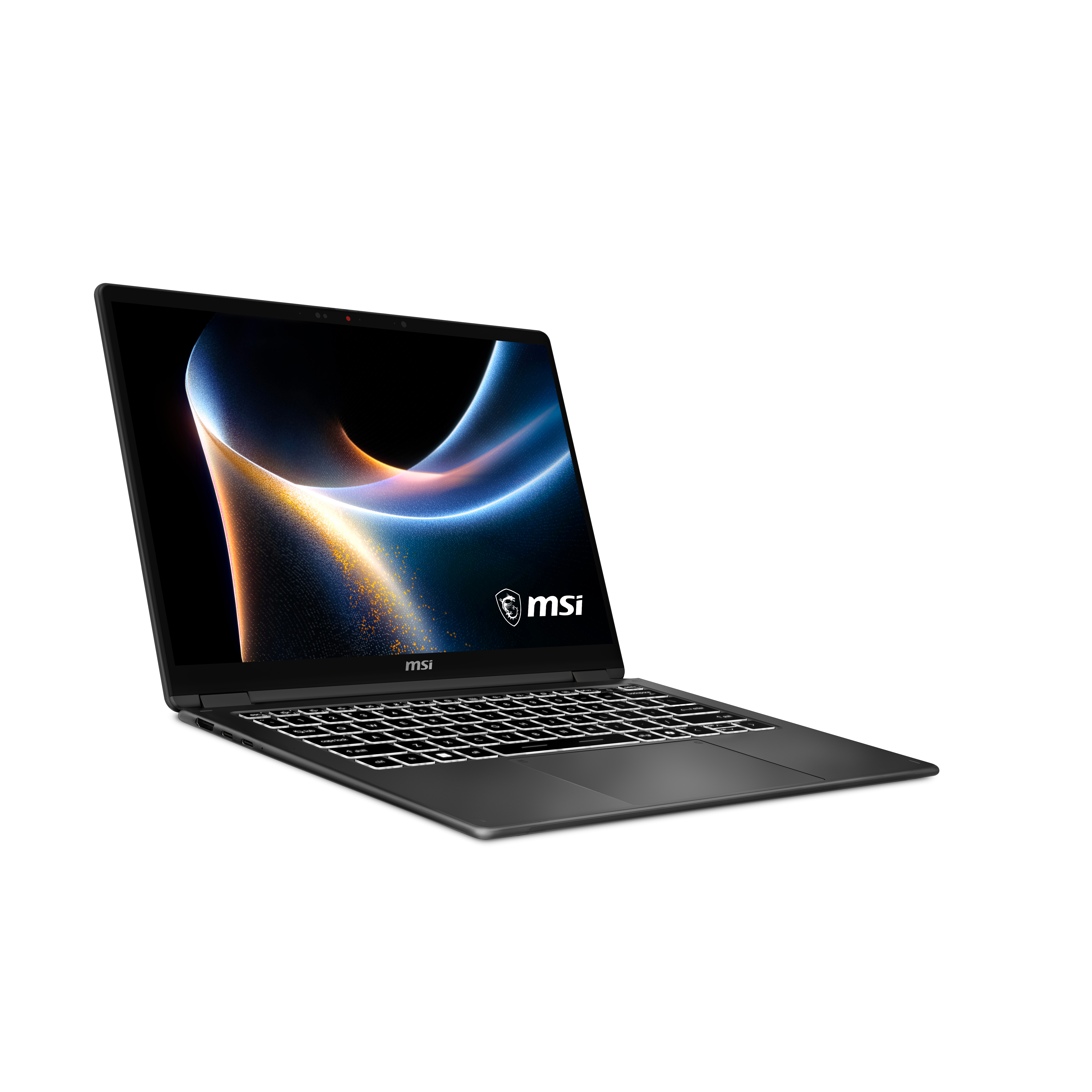 Schwarzer MSI Laptop mit beleuchteter Tastatur und dynamischem Hintergrund.
