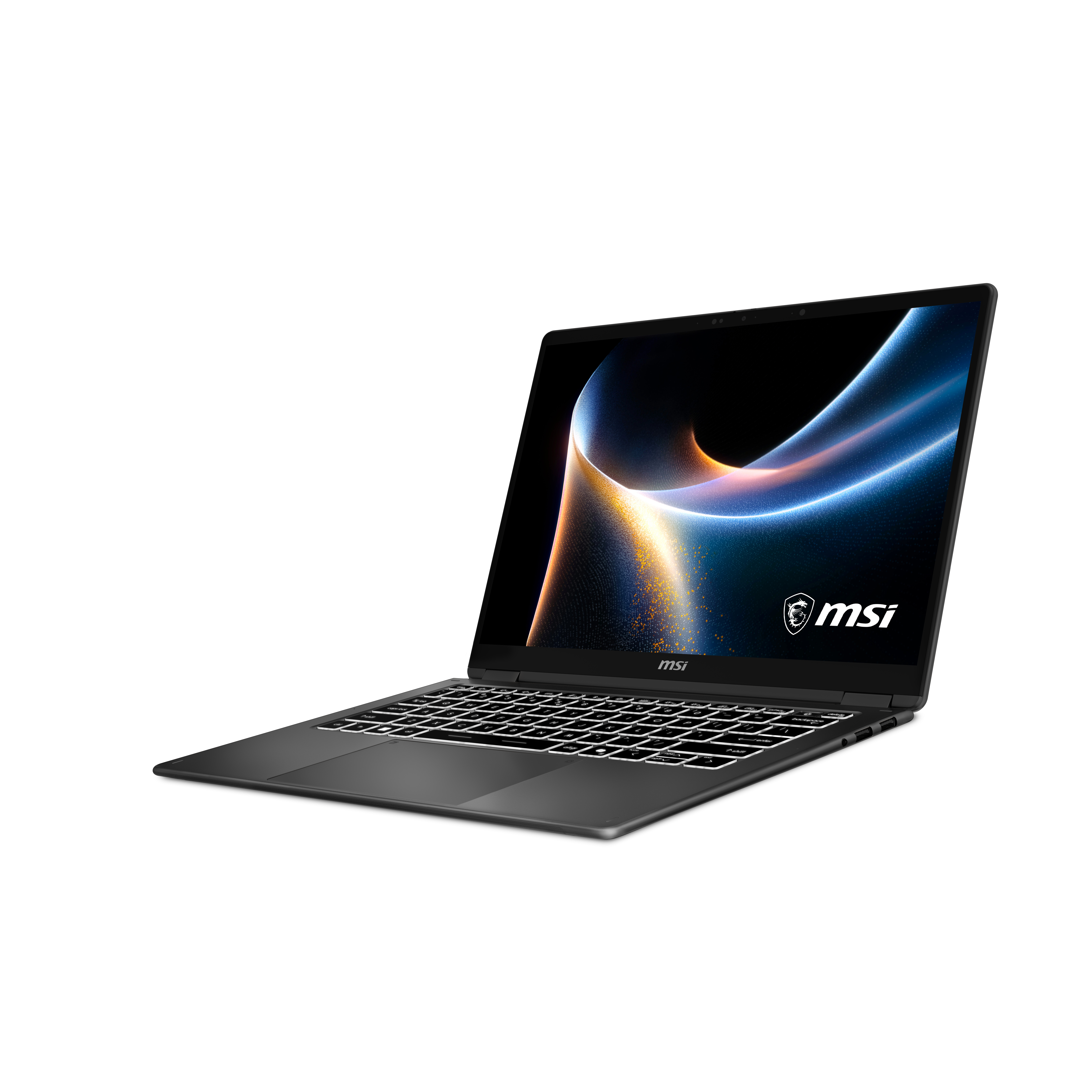 Ein geöffneter, dunkler MSI Laptop mit beleuchteter Tastatur und MSI-Logo auf dem Bildschirm.