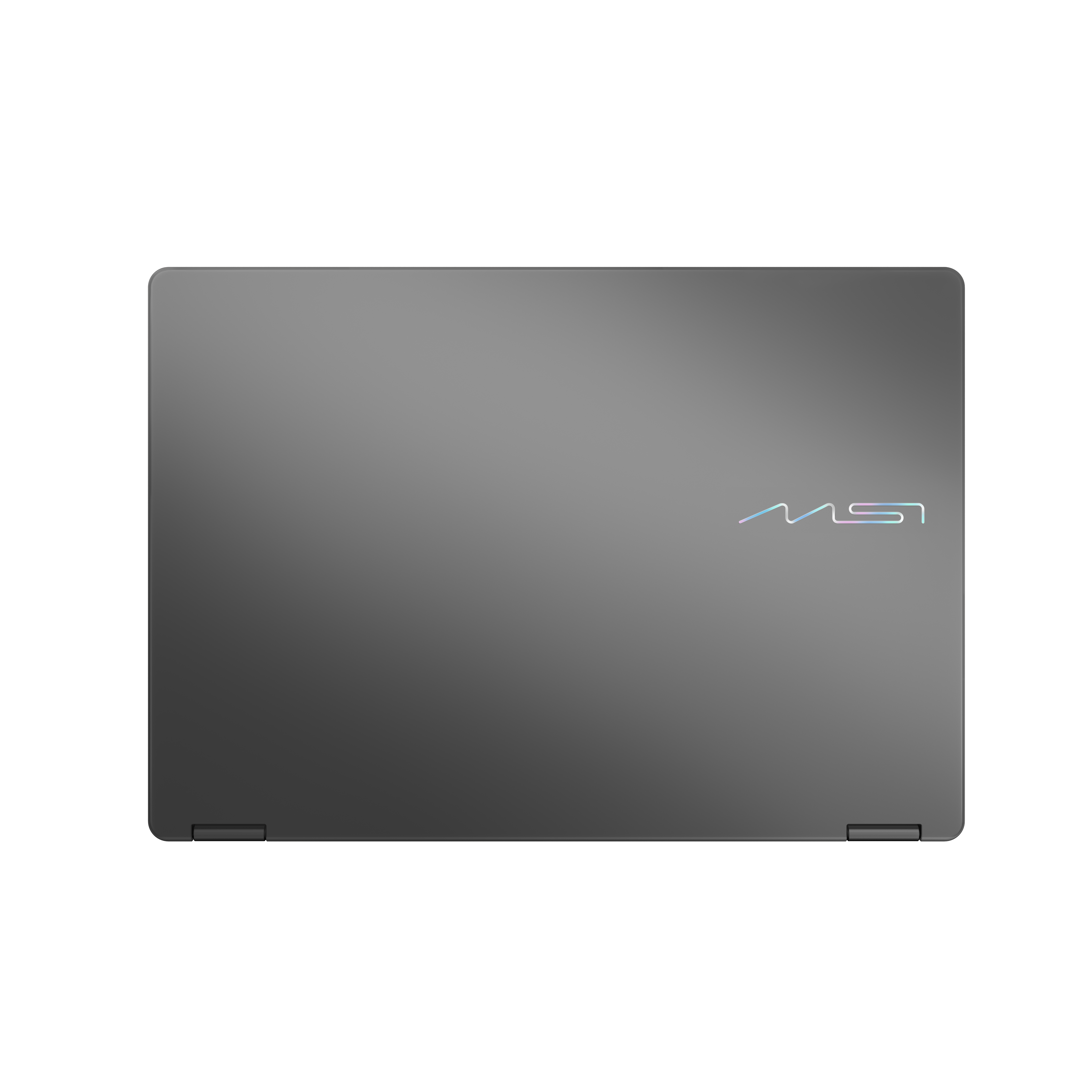 Geschlossener grauer Laptop mit MSI-Logo in Regenbogenfarben.