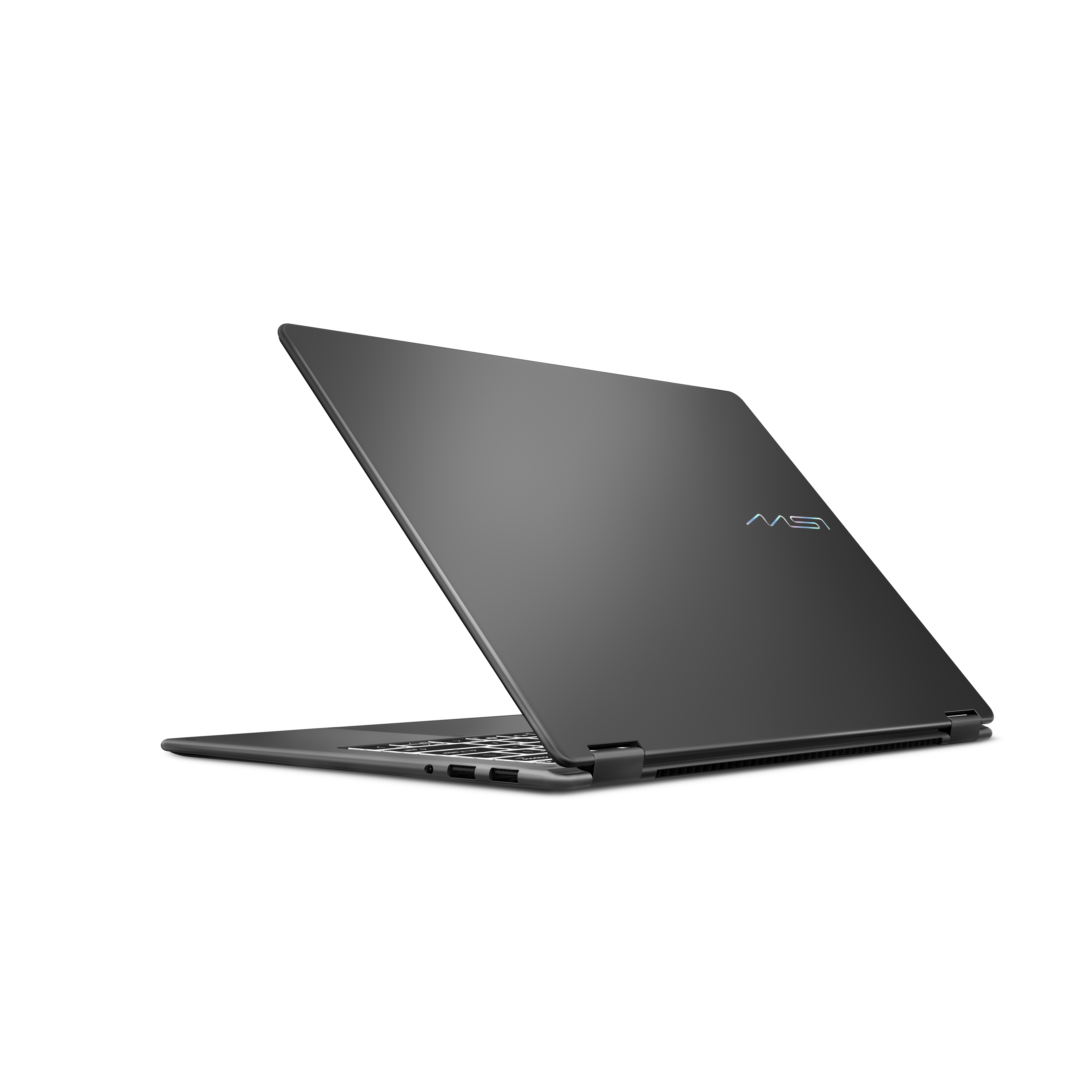 Ein dunkler Laptop mit MSI-Logo, auf weißem Hintergrund.