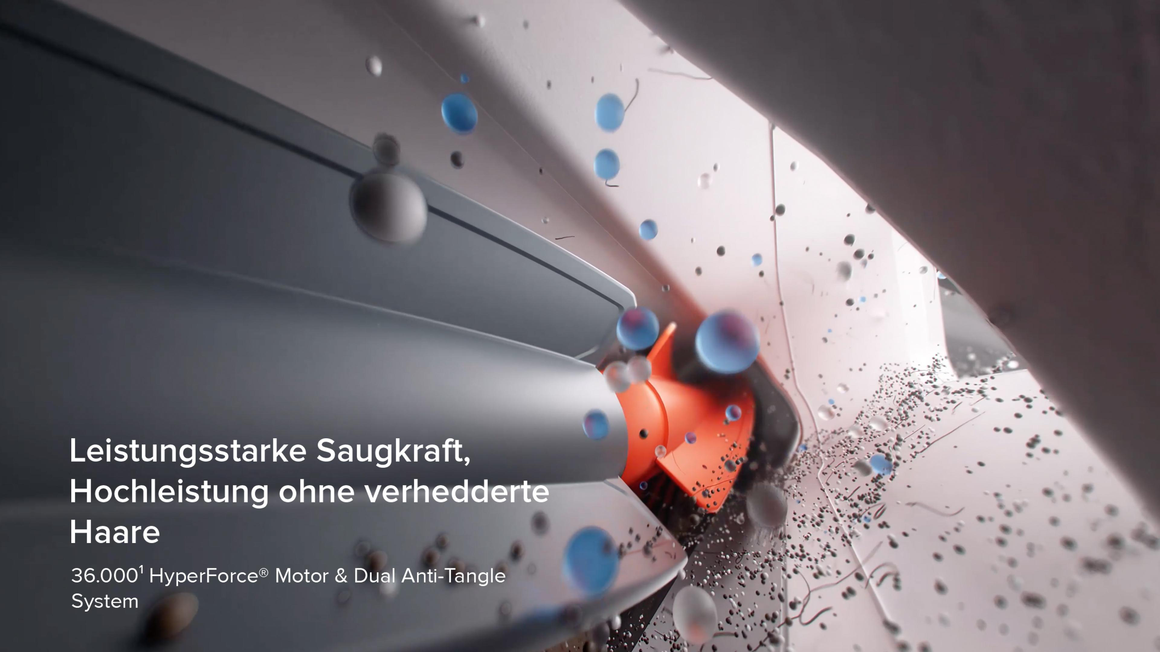 Orangefarbener Propeller saugt Partikel und Haare auf. Text im Bild.