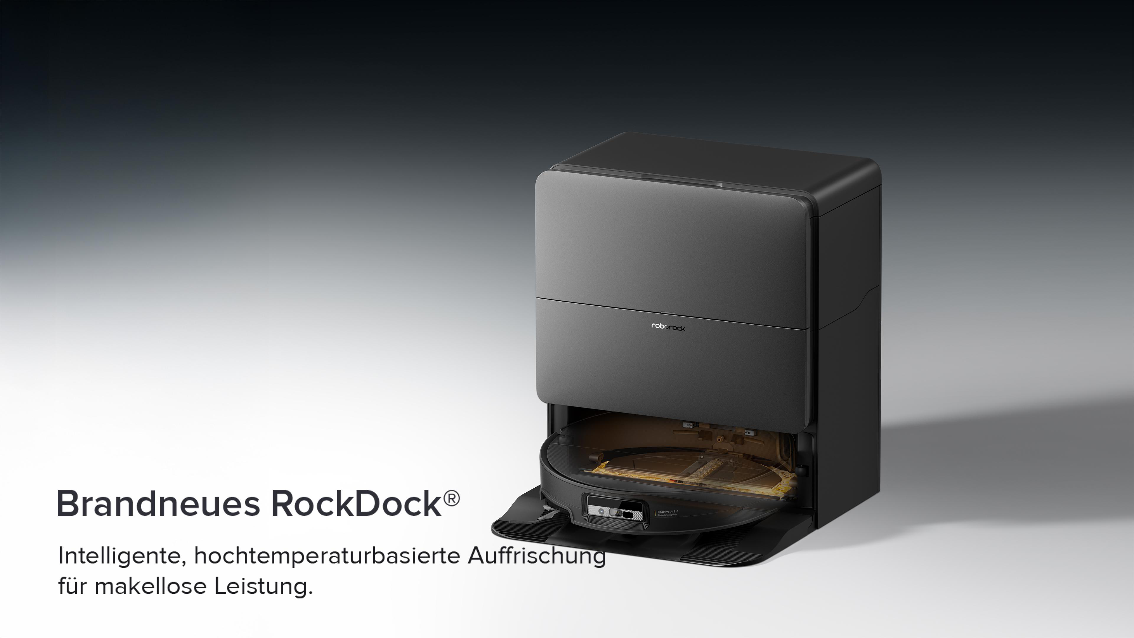 Ein schwarzer RockDock mit Wassertank und Reinigungsbürsten ist ausgestellt.