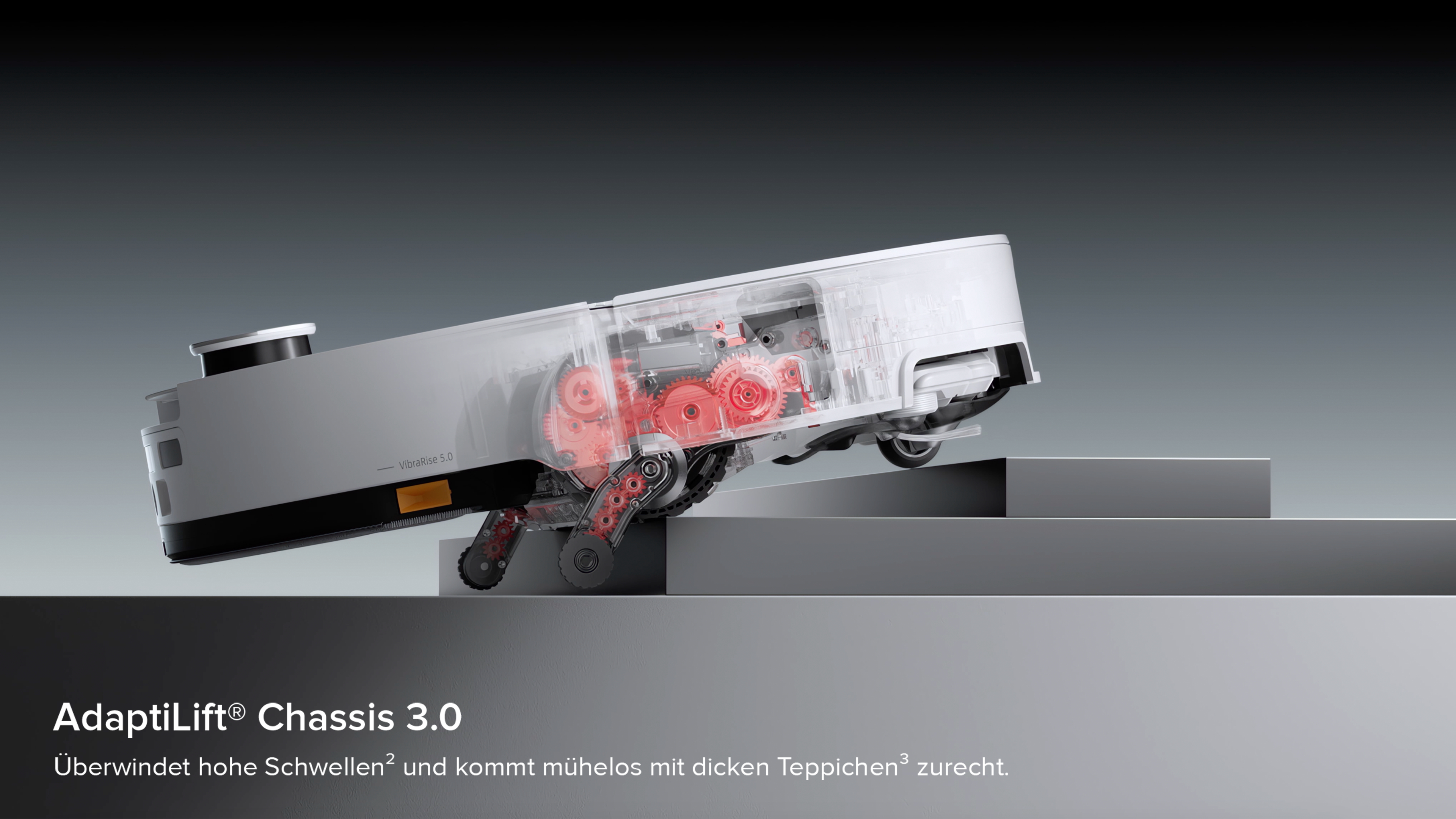 Ein transparentes Chassis mit roten Zahnrädern überquert Stufen.