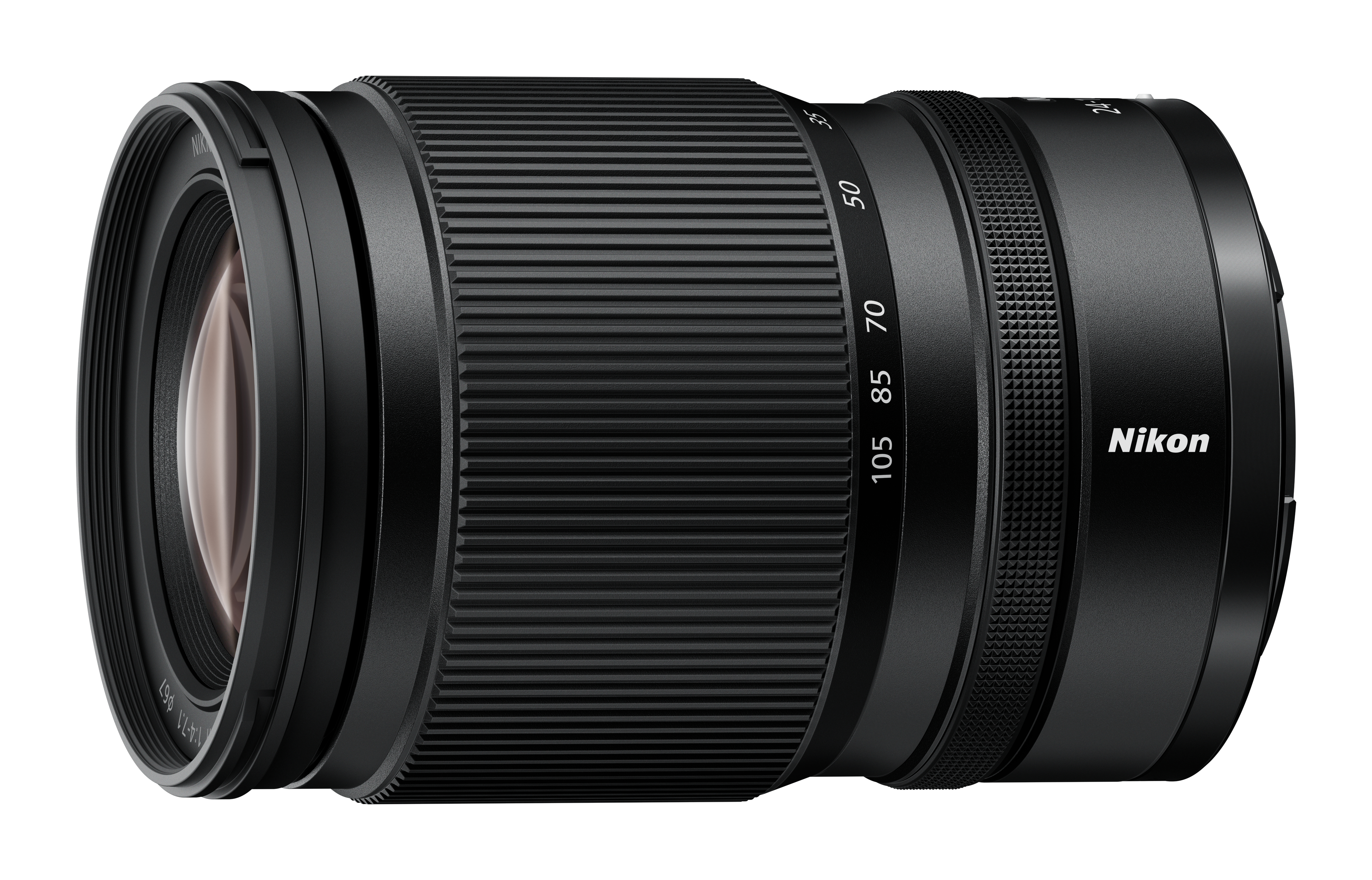 Ein schwarzes Nikon-Objektiv mit Zoomring und Brennweitenmarkierungen.