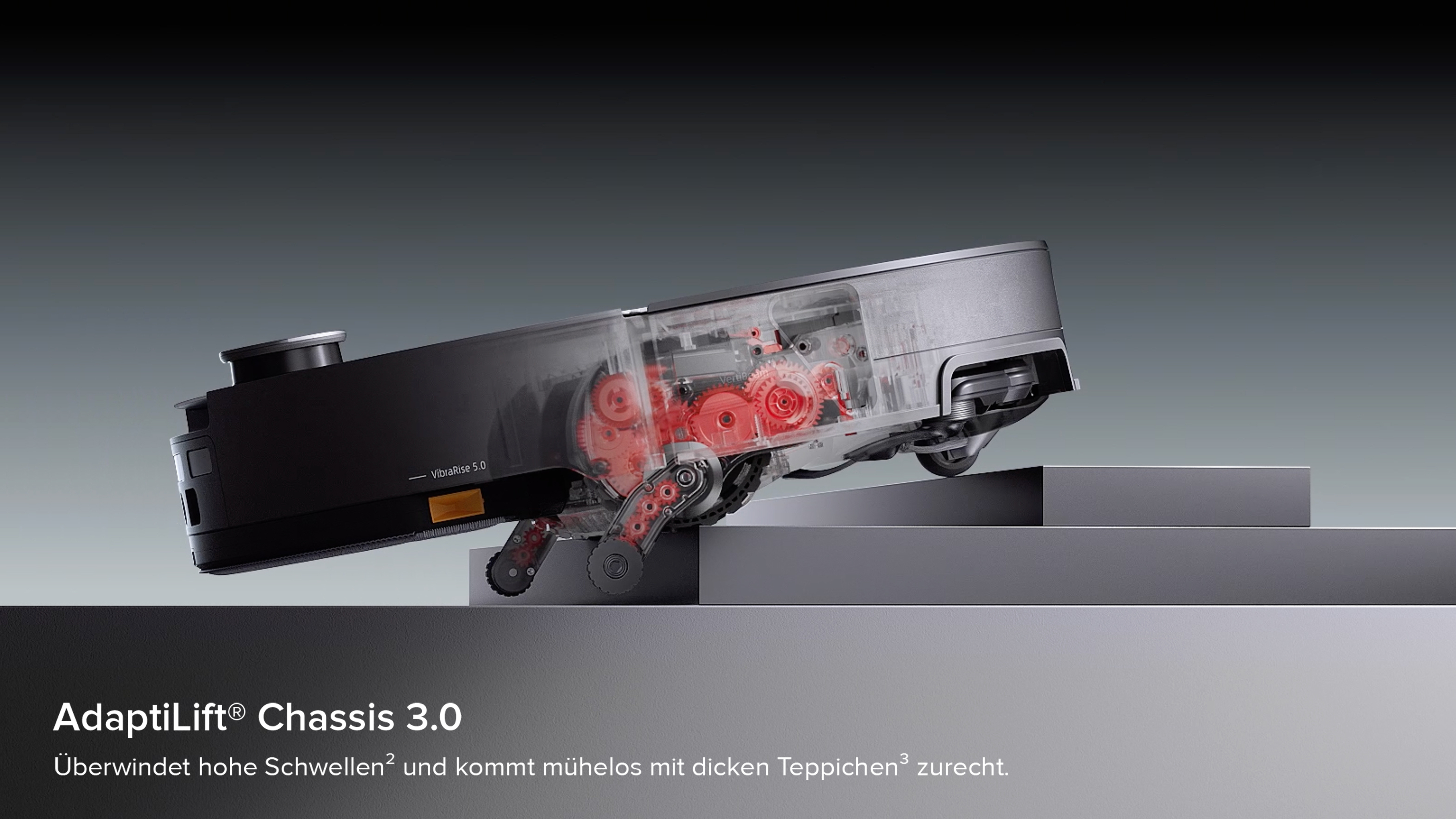 Ein Saugroboter mit transparentem Chassis und roten Zahnrädern überquert Stufen.